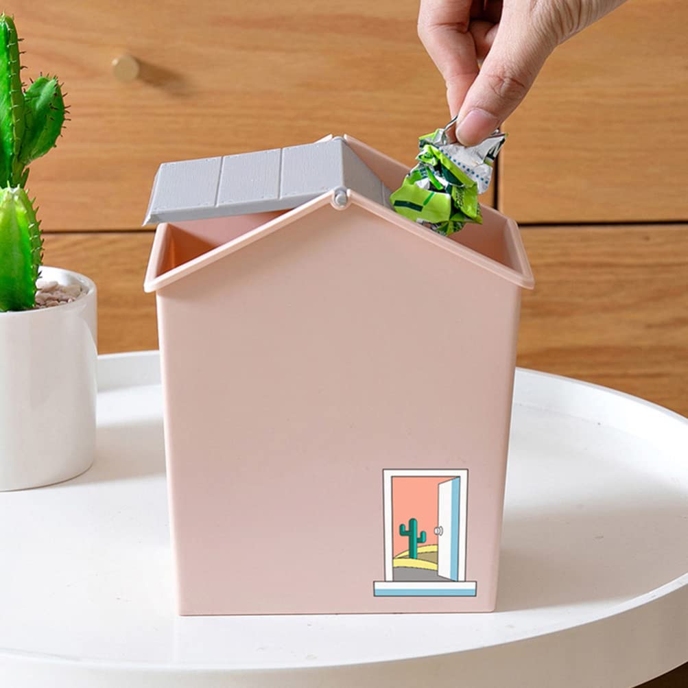 Zerodeko Mini Trash Can with Lid - Small Plastic Desk Waste Bin, Cabin-Shaped Garbage Container for Office, Bedroom, Bathroom & Kitchen - Perfect Tabletop Organizer for Home & Workspace (Pink)