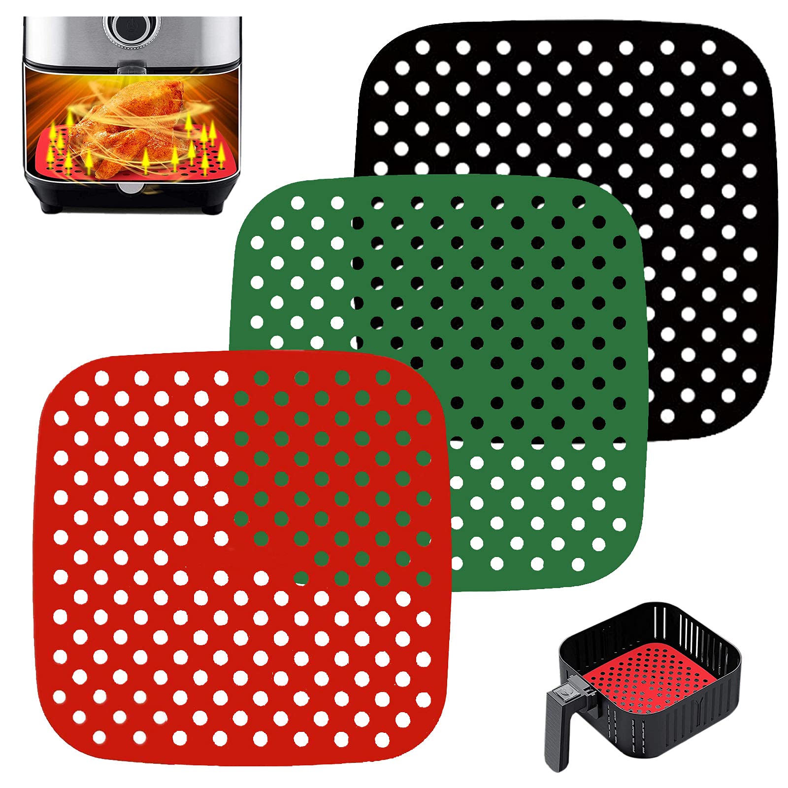 3-Pack Reusable Silicone Air Fryer Liners - Square Non-Stick Basket Mats for Air Fryers (8.5 Inch, Black/Red/Green) - BPA-Free Replacement for Parchment Paper - Perfect for Cooking, Baking & Meal Prep