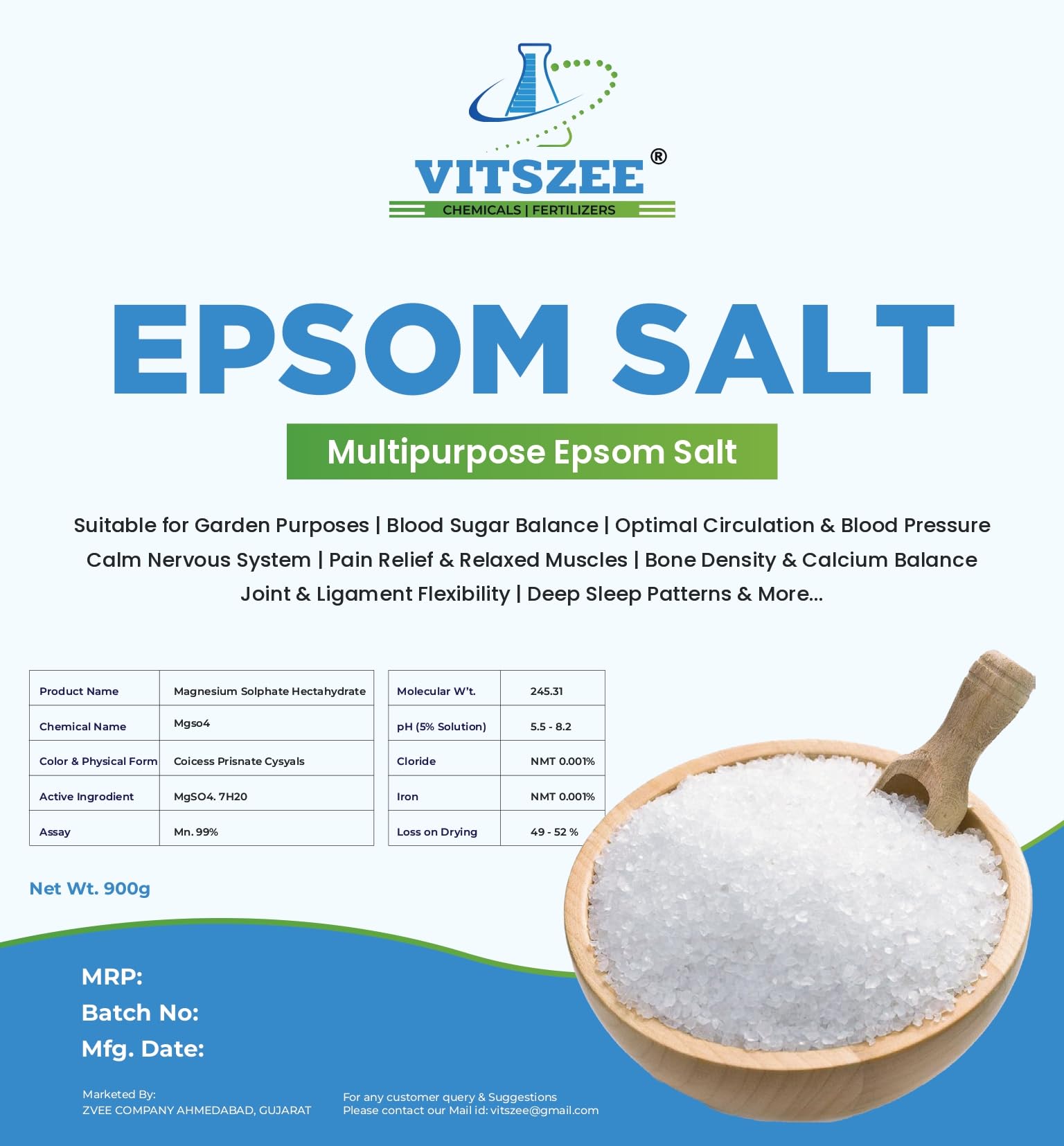 VITSZEE Epsom Salt 900g - Pure Magnesium Sulfate for Muscle Pain Relief & Relaxation | Detox Bath Soak & Foot Soak | Natural Plant Nutrient for Gardening | Perfect for Post-Workout Recovery & Stress Relief