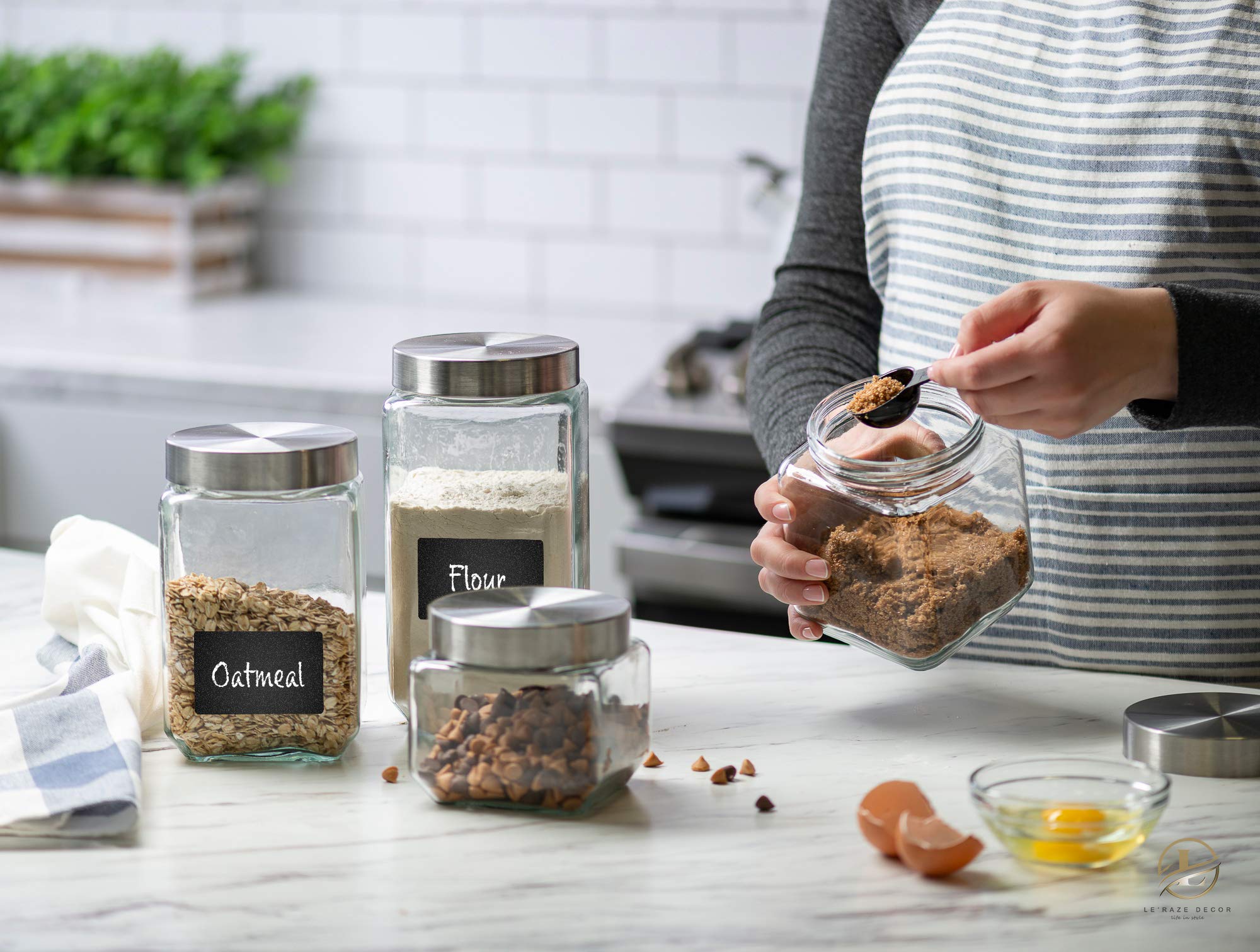 4-Piece Square Glass Cookie Jars with Airtight Lids - Includes Marker & Labels - Kitchen & Pantry Storage Containers for Flour, Sugar, Coffee, Cookies - Perfect for Countertop Organization & Bulk Food Storage - Ideal for Home Baking, Coffee Stations & Bathroom Storage