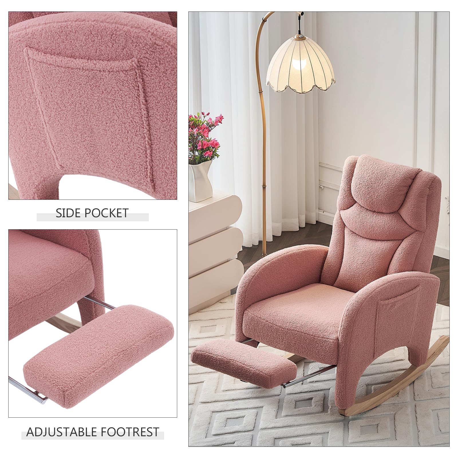 Hommoo Modern Teddy Fabric Rocking Chair with Adjustable Footrest - High Back Nursery Glider Rocker for Mom and Baby, Pink - Perfect for Nursery, Living Room & Bedroom Relaxation
