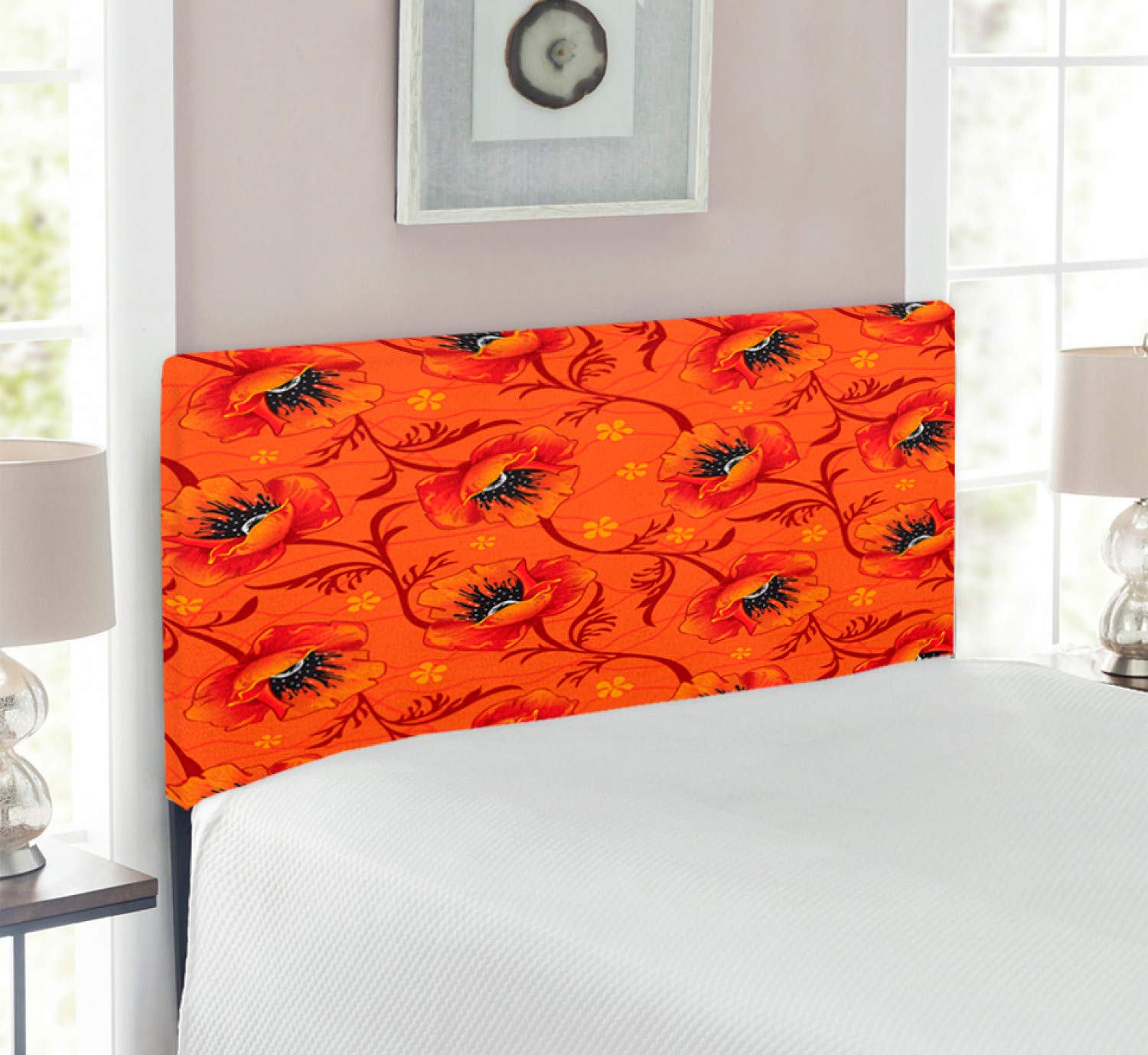 Ambesonne Orange Upholstered Headboard - Bohemian Poppy Flower Design, Twin Size Memory Foam Bed Headboard in Burnt Orange & Yellow | Perfect for Bohemian Bedroom Decor, Guest Rooms & Dorm Style