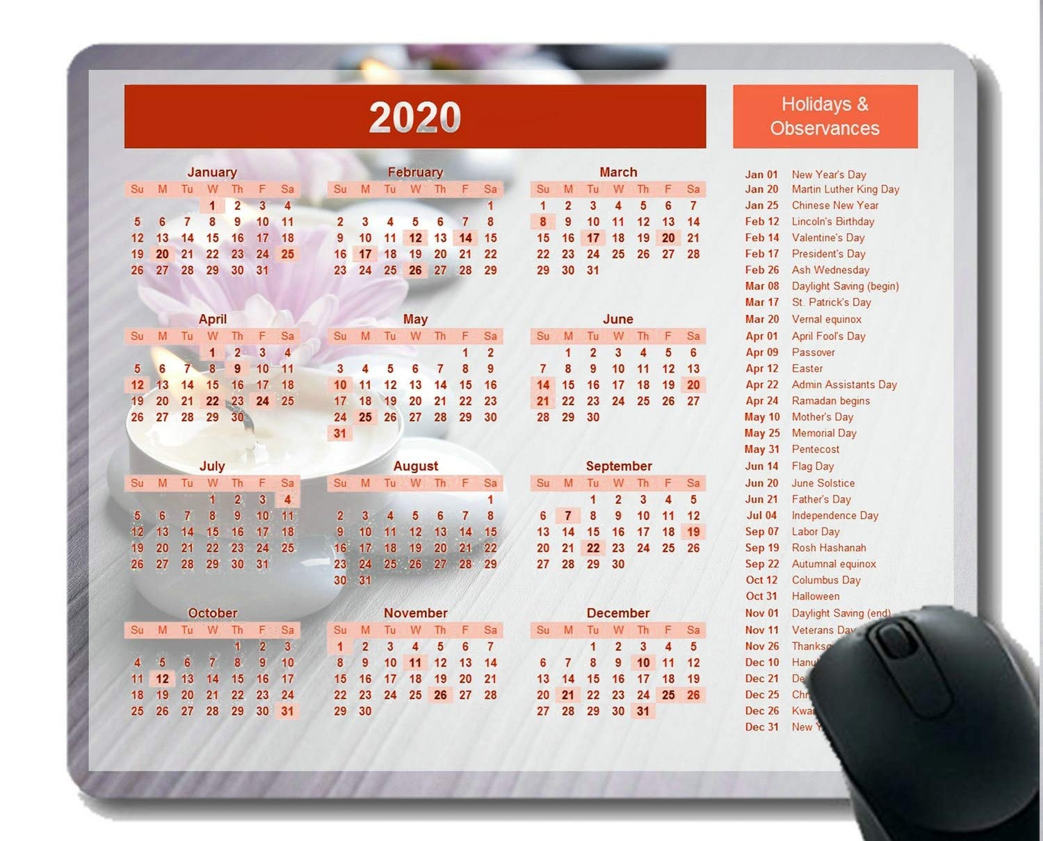 2020 Calendar Gaming Mouse Pad with Important Holidays - Non-Slip Stone Zen Candle Design for Office & Home Use - Perfect for Gamers, Work & Study Desks