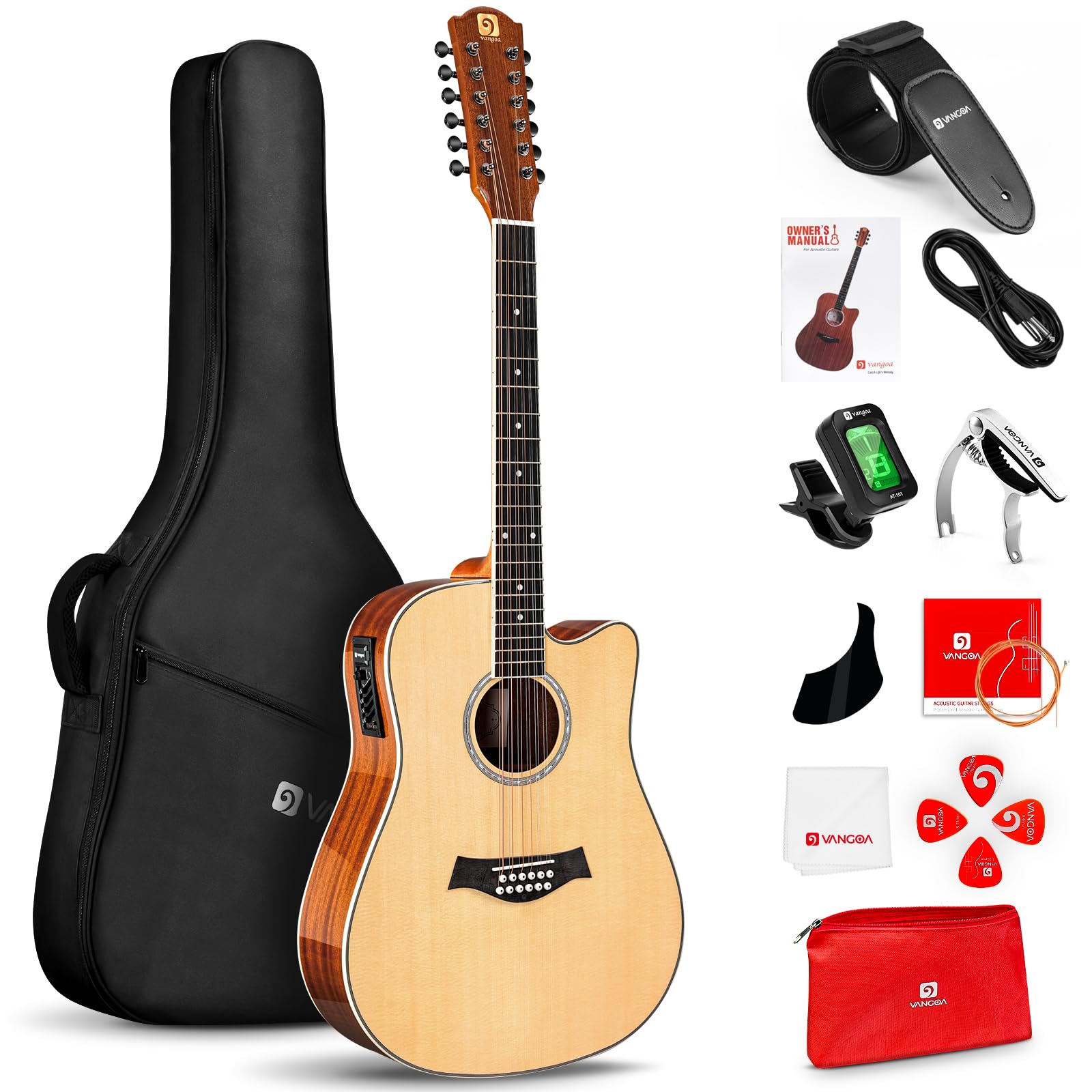 Vangoa 12 String Acoustic Electric Guitar - Spruce Top, Sapele Body, Bone Nut, Natural Gloss Finish | Perfect for Performances, Recording & Live Shows