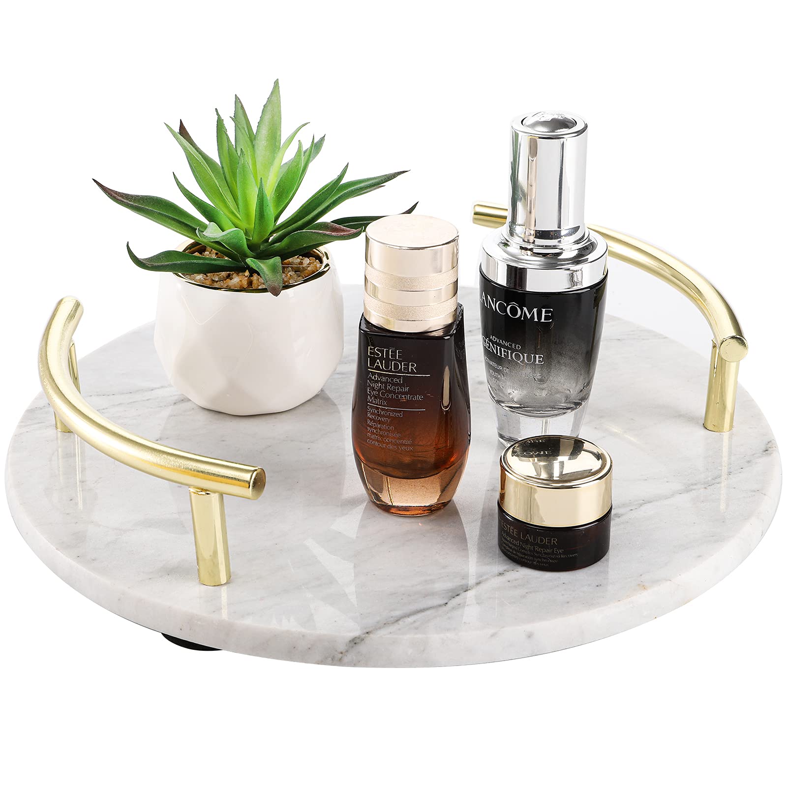 TOPZEA 10 Inch Round Marble Vanity Tray with Gold Metal Handles - Jewelry & Perfume Organizer for Dresser, Nightstand, Bathroom Counter | Elegant Home Decor & Gift Idea for Women