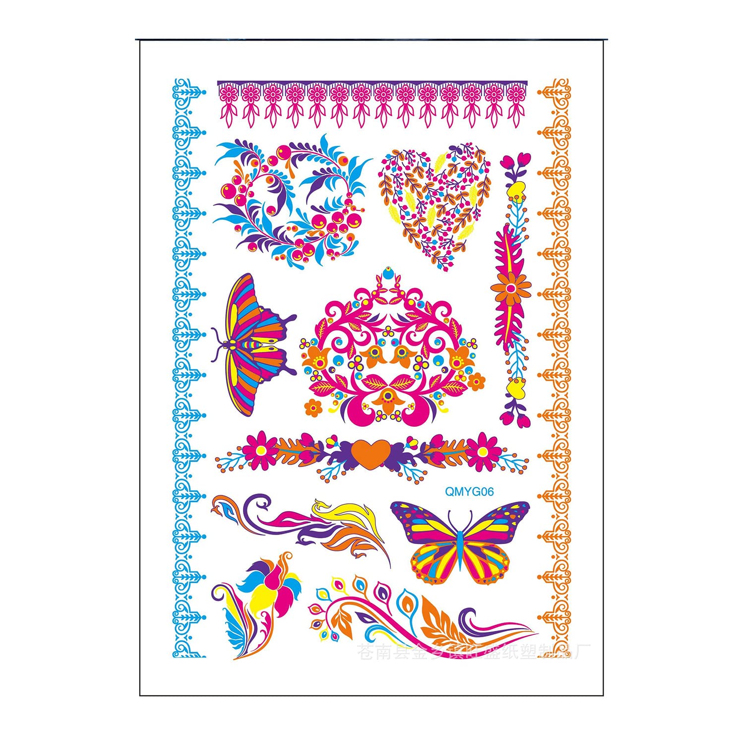 Glow in the Dark UV Neon Temporary Tattoos - Waterproof Fake Body Art Stickers for Women, Men & Kids (Heart, Flowers, Butterflies, Armband Designs) 21x15cm - Perfect for Parties, Festivals & Body Art Photography