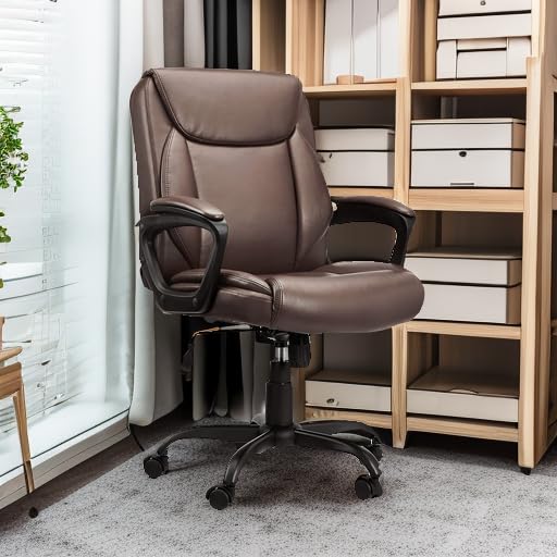 AmazonBasics Classic Puresoft PU-Padded Mid-Back Office Chair with Adjustable Armrests - Ergonomic Desk Chair for Home & Office, Brown - Perfect for Long Work Hours, Gaming & Study Sessions