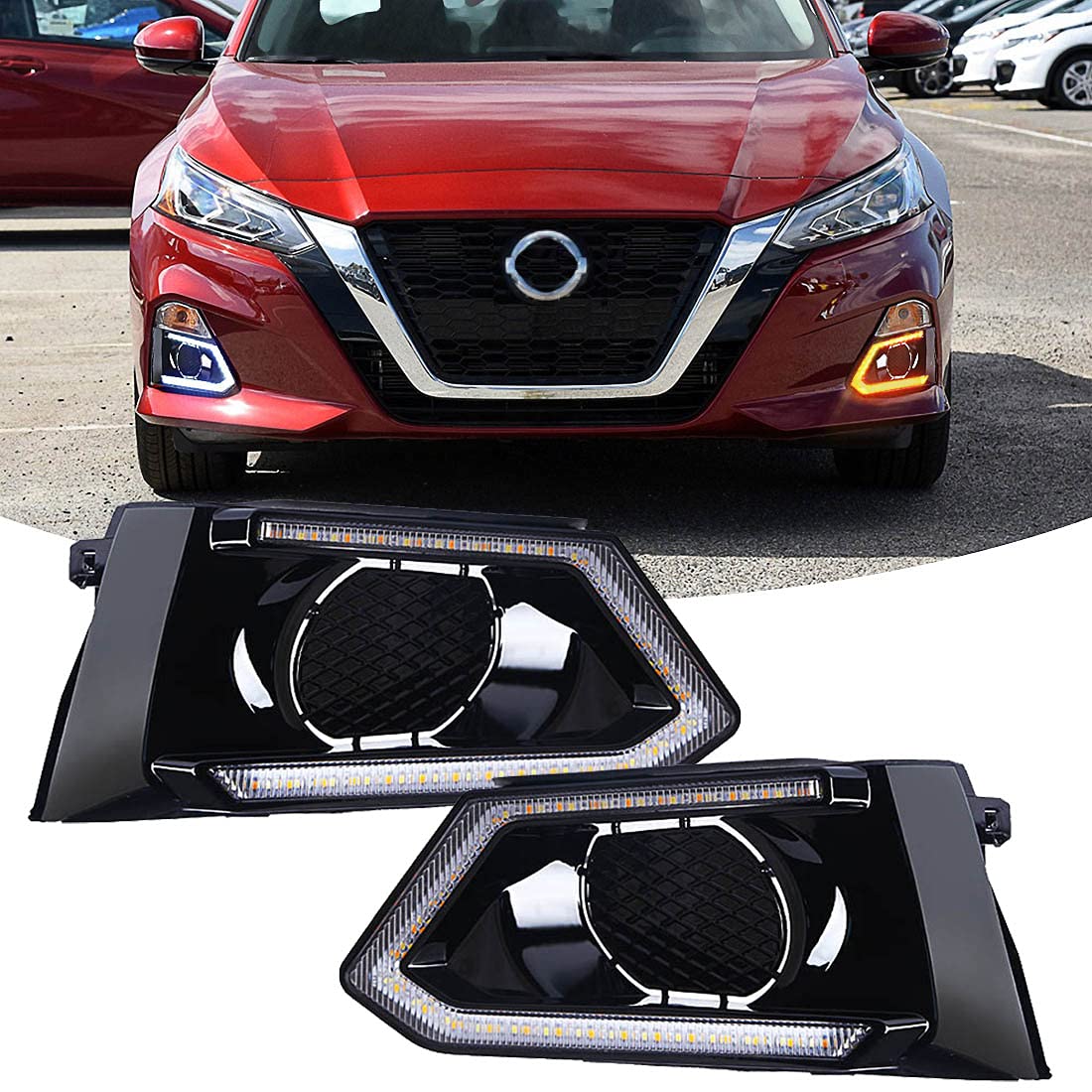 2019-2020-2021 Nissan Altima LED Daytime Running Lights with Dual Color Fog Lights, Turn Signal & Bezel - DRL Replacement for Enhanced Visibility & Safety (Perfect for Night Driving & Bad Weather Conditions)