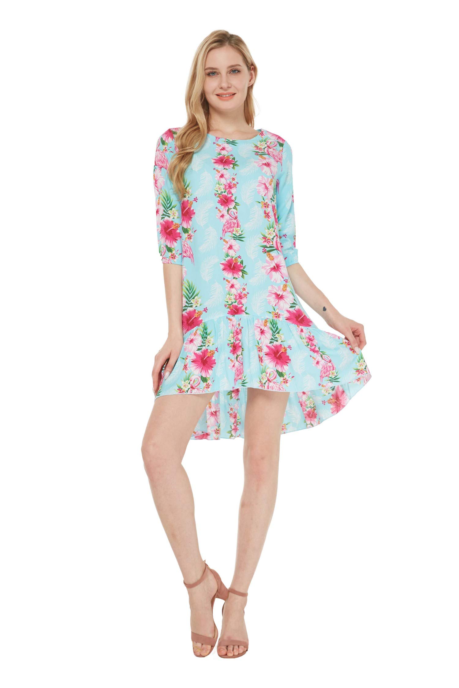 Hawaiian Luau Mother Daughter Matching Dresses - 3/4 Sleeve Mermaid Ruffle Floral Print Pink & Black Hibiscus Vine Outfits for Beach Party, Family Vacation, and Tropical Theme Events