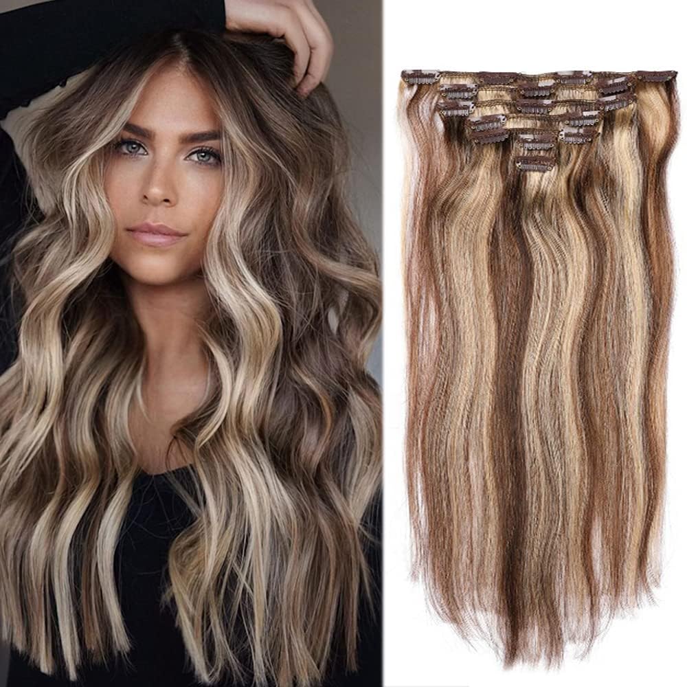 20 Inch Clip-in Human Hair Extensions - 7pcs Balayage Chocolate Brown to Caramel Blonde Highlights | 70g Remy Real Human Hair | Silky Straight & Soft | Perfect for Daily Styling, Parties & Special Occasions