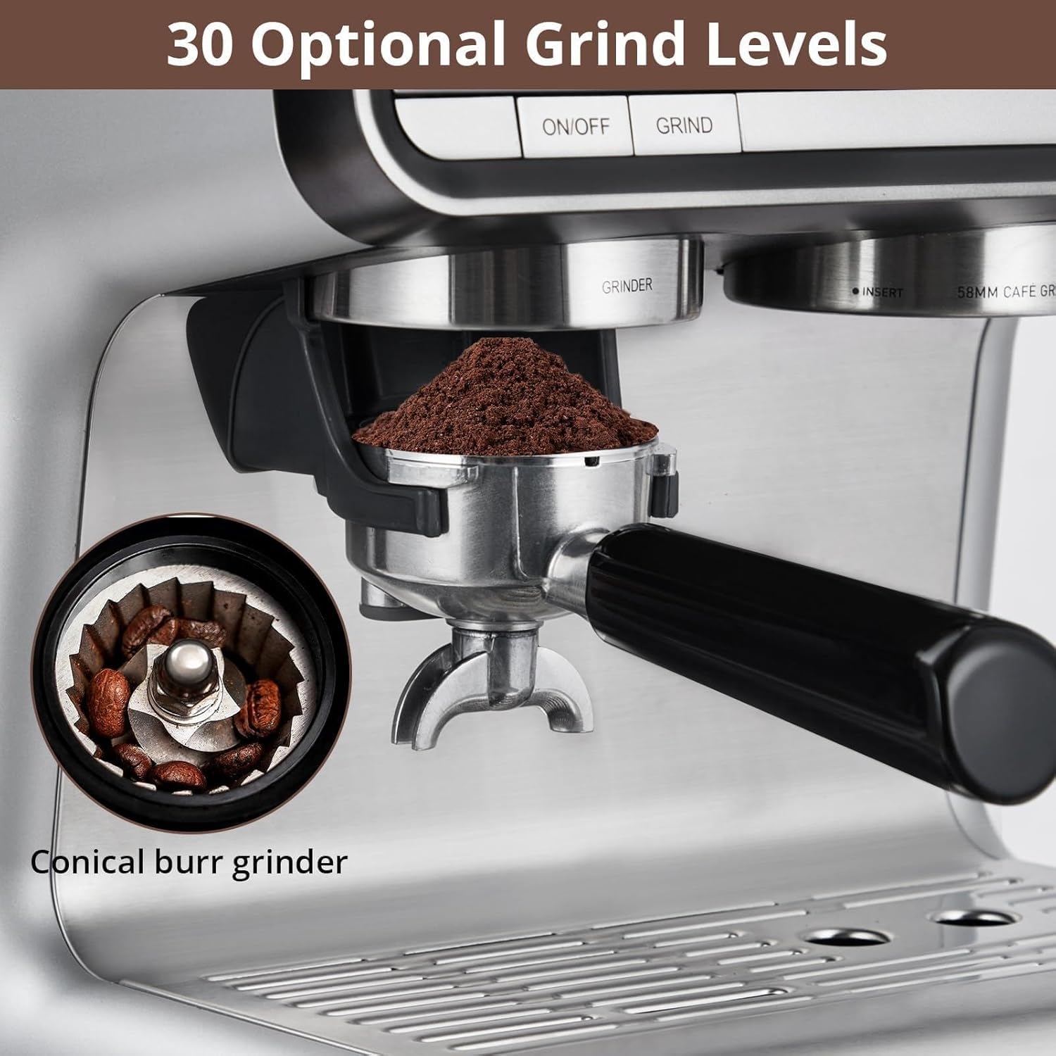 20 Bar Semi-Automatic Espresso Machine with Built-in Grinder & Milk Frother - 95oz Removable Water Tank, Professional Coffee Maker for Home & Office (Silver/Gun Plating) - Perfect for Espresso, Cappuccino & Latte Lovers