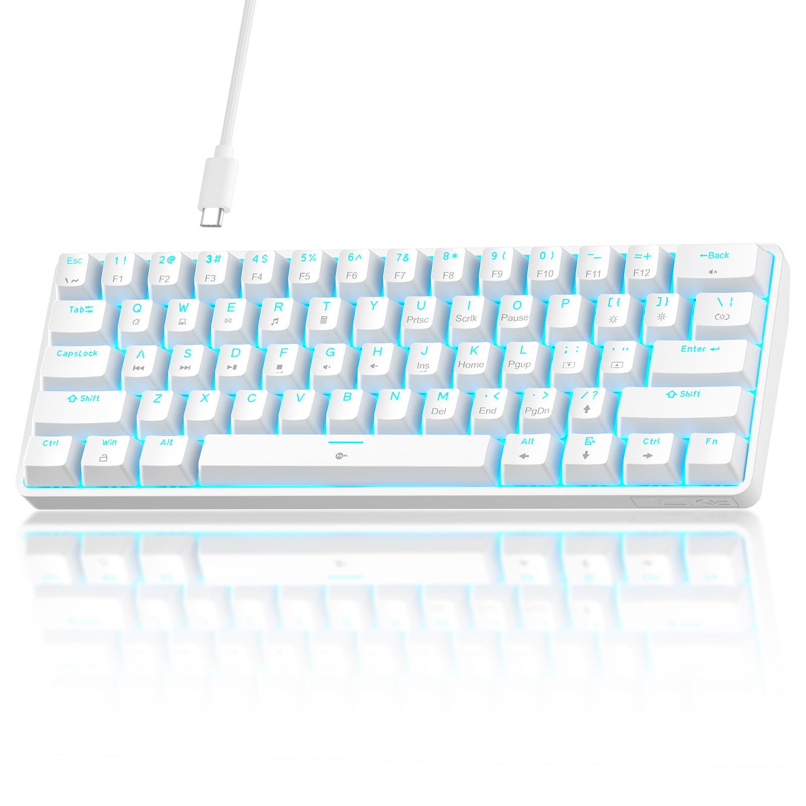 TMKB T61SE 60% Compact Mechanical Gaming Keyboard with Tactile Brown Switches - RGB LED Backlit, Double-Shot PBT Keycaps, N-Key Rollover, Detachable USB-C Cable - Perfect for Esports, Office Work & Programming (White)
