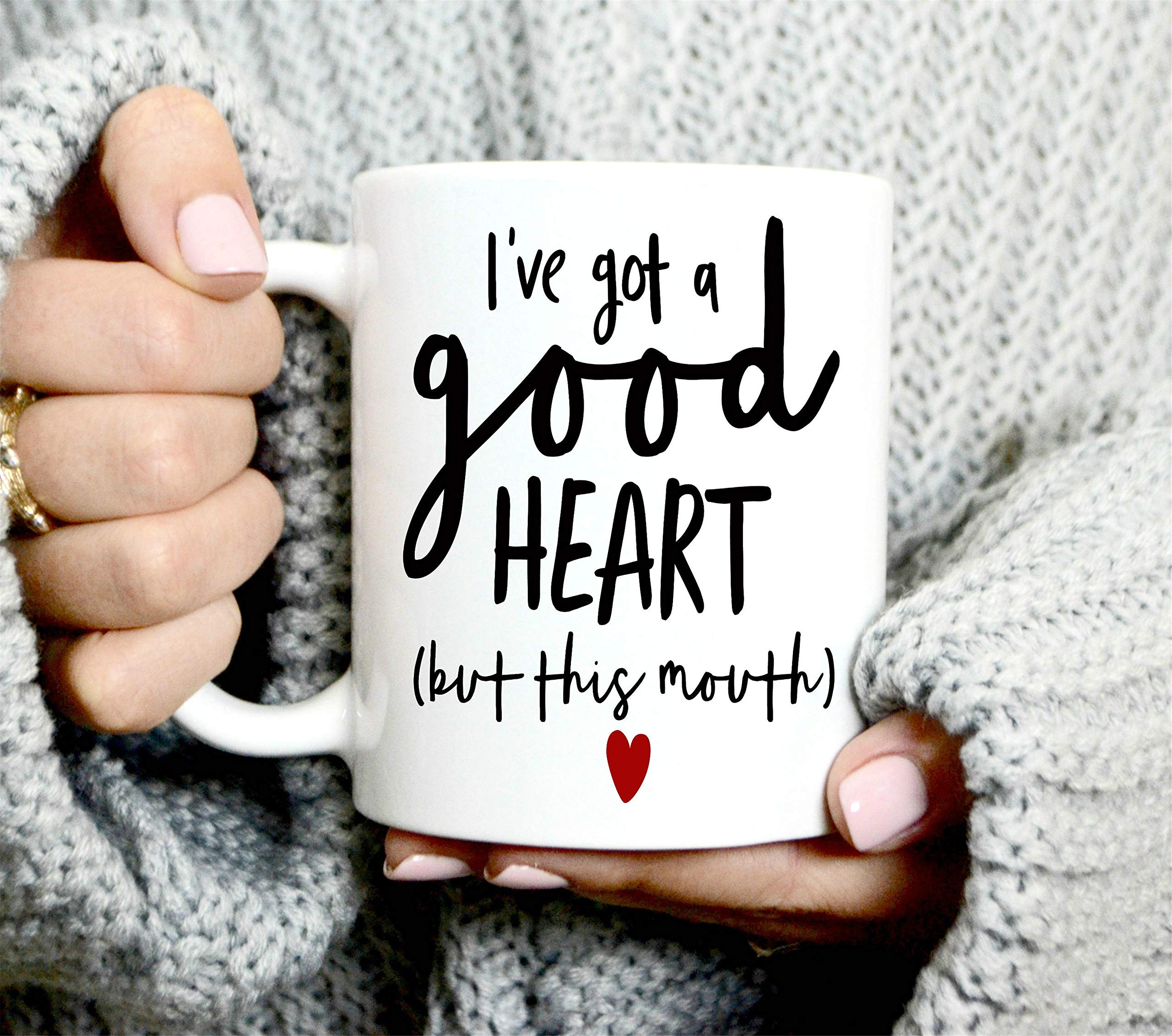 Funny Coffee Mug - 'I've Got A Good Heart But This Mouth' - Cute Gifts for Women, Mom, Wife - Colorful Ceramic Cup for Coffee, Tea - Perfect for Office, Home & Gifts
