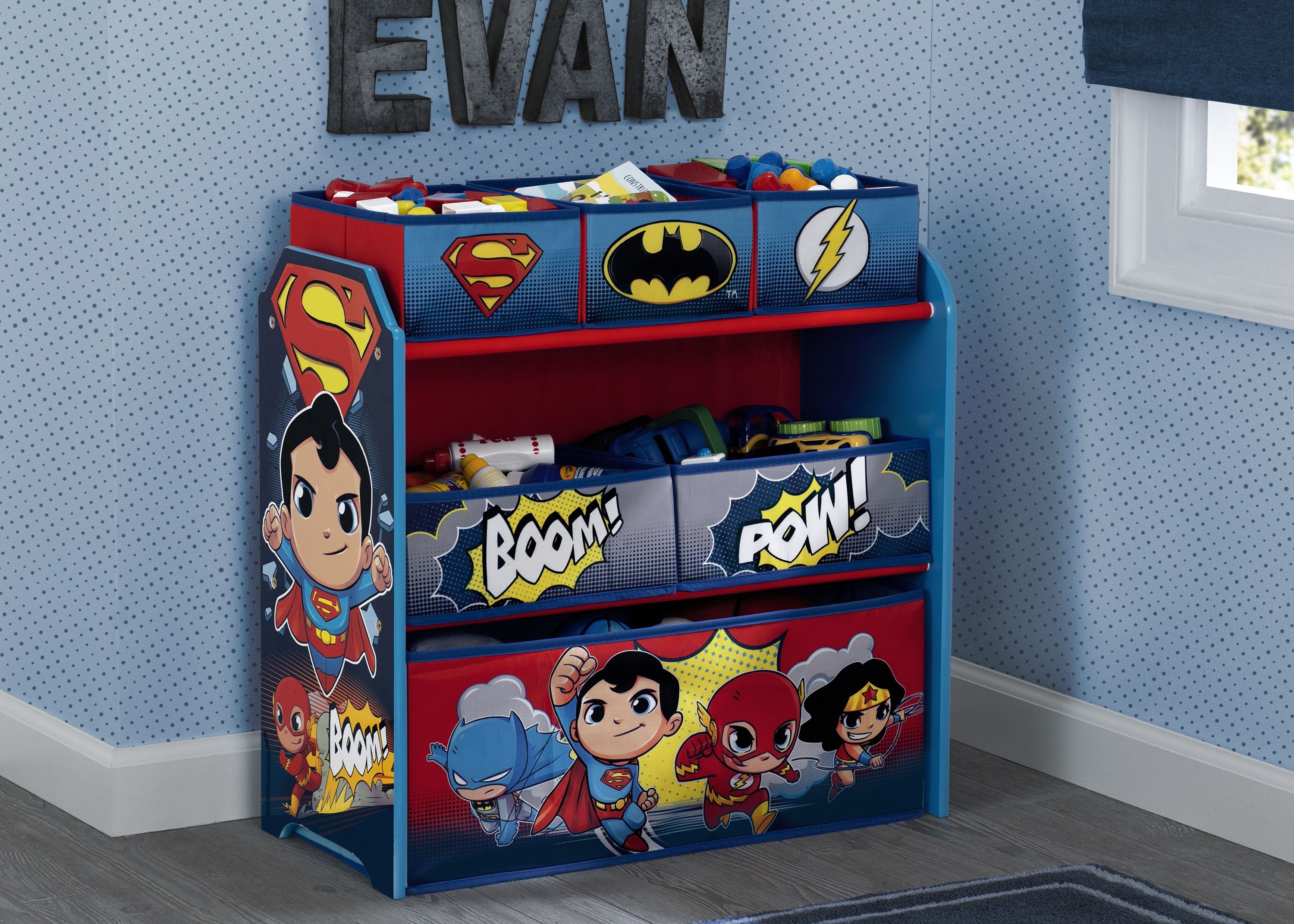 DC Super Friends Multi Bin Toy Organizer - Batman, Robin, Superman, Wonder Woman & The Flash - Perfect for Kids' Room, Playroom & Toy Storage Organization