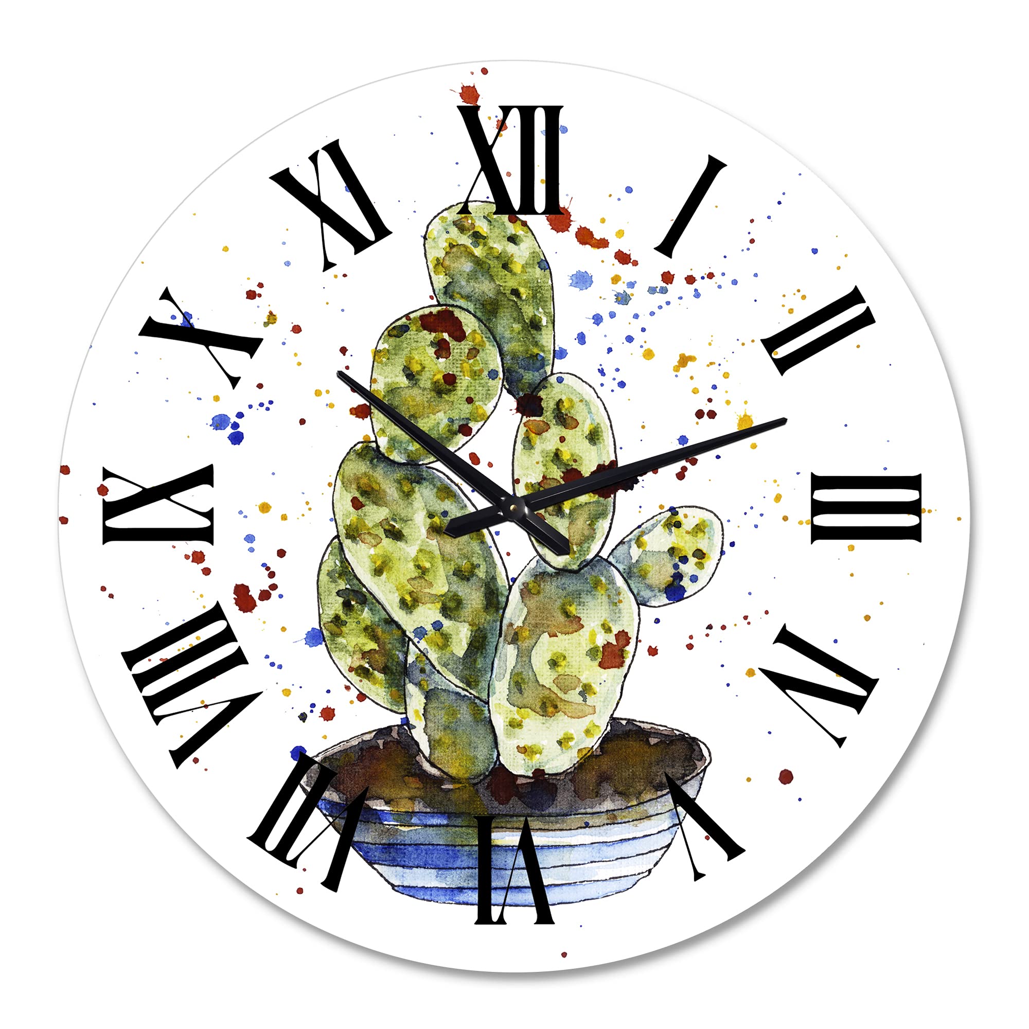 DesignQ Traditional Wall Clock 'Cactus Houseplant' - Large Floral & Botanical Wall Clock for Home, Office Decor - Perfect for Living Room, Bedroom, Kitchen & Workspace