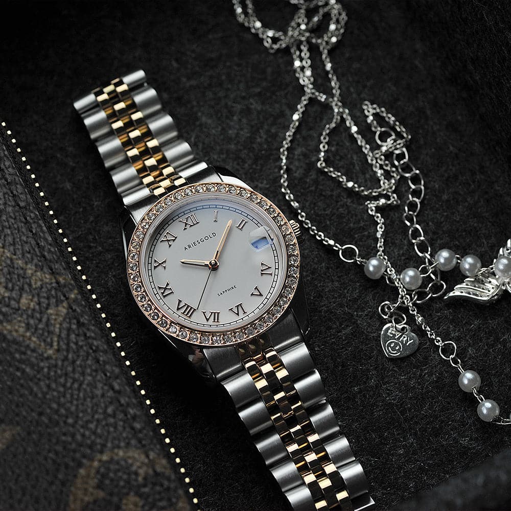Aries Gold White Dial Two Tone Stainless Steel Women's Watch B 1069 2TR RW - Elegant Dress Watch for Business, Party & Special Occasions