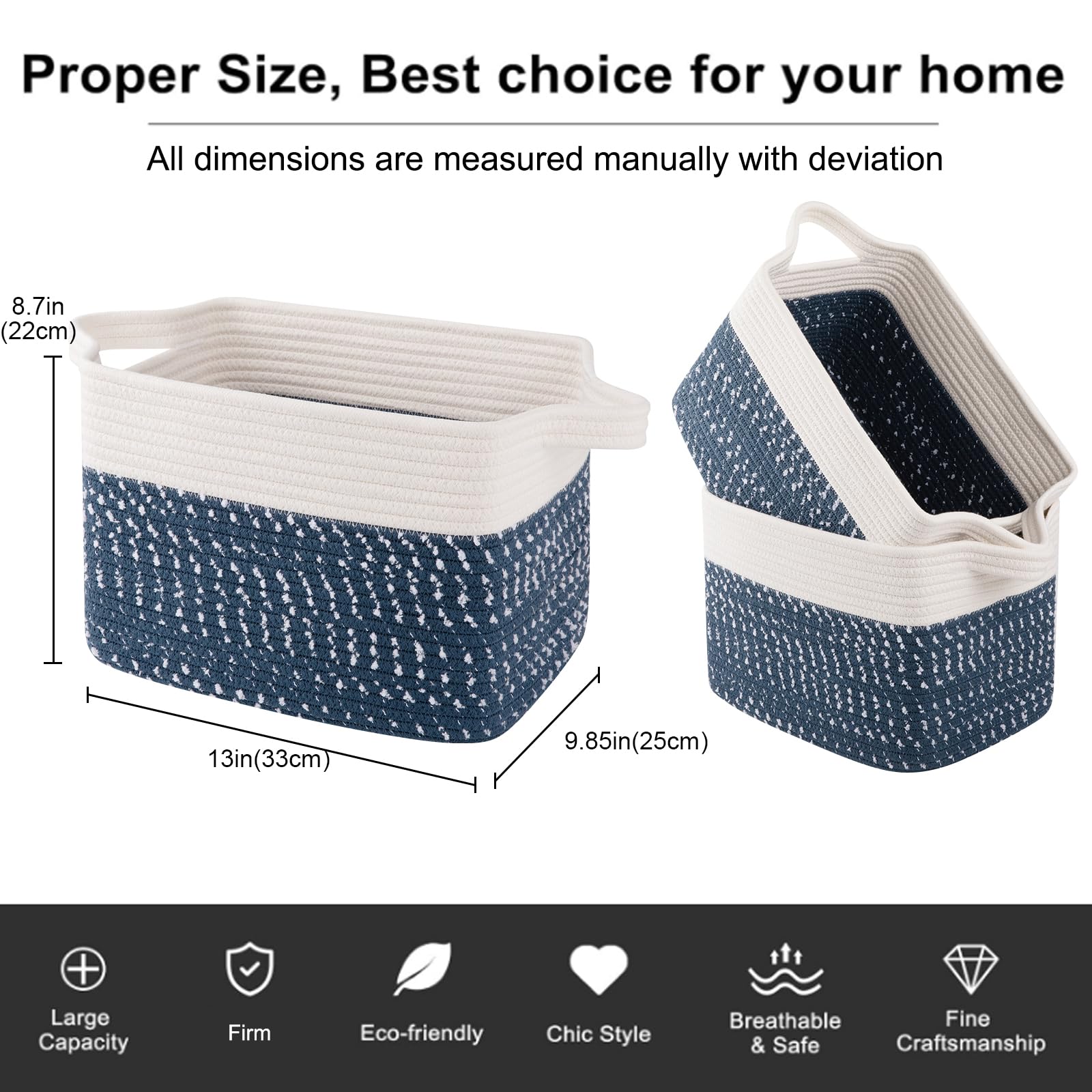 OIAHOMY 3-Pack Woven Cotton Rope Storage Baskets - White & Blue, Organize Toys, Towels & Bathroom Essentials - Perfect for Home, Nursery & Laundry Room Organization