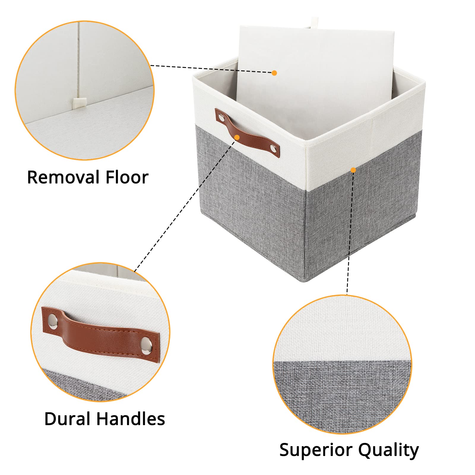 DULLEMELO 12 Inch Collapsible Storage Cubes with Handles - 4 Pack White & Grey Fabric Storage Bins for Shelves, Closet, Nursery & Home Organization - Perfect for Toys, Books, Clothes & Bedroom Storage