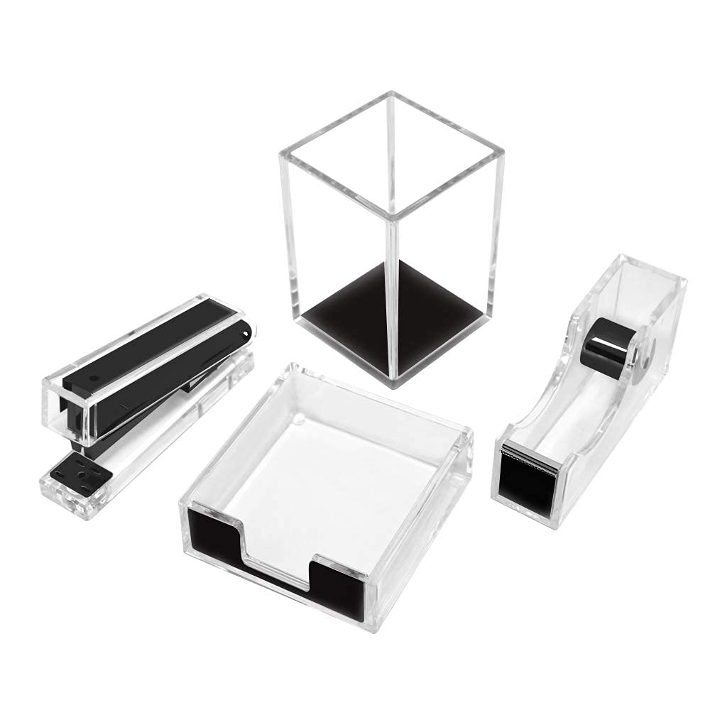 Premium Tortoise Gold Office Supplies Set - Tape Dispenser, Stapler, Pen Holder, Sticky Notes Organizer - 24/6 Staple Desk Accessories for Home & Office Decor (Black) - Perfect for Workstations, Study Desks & Gift Giving