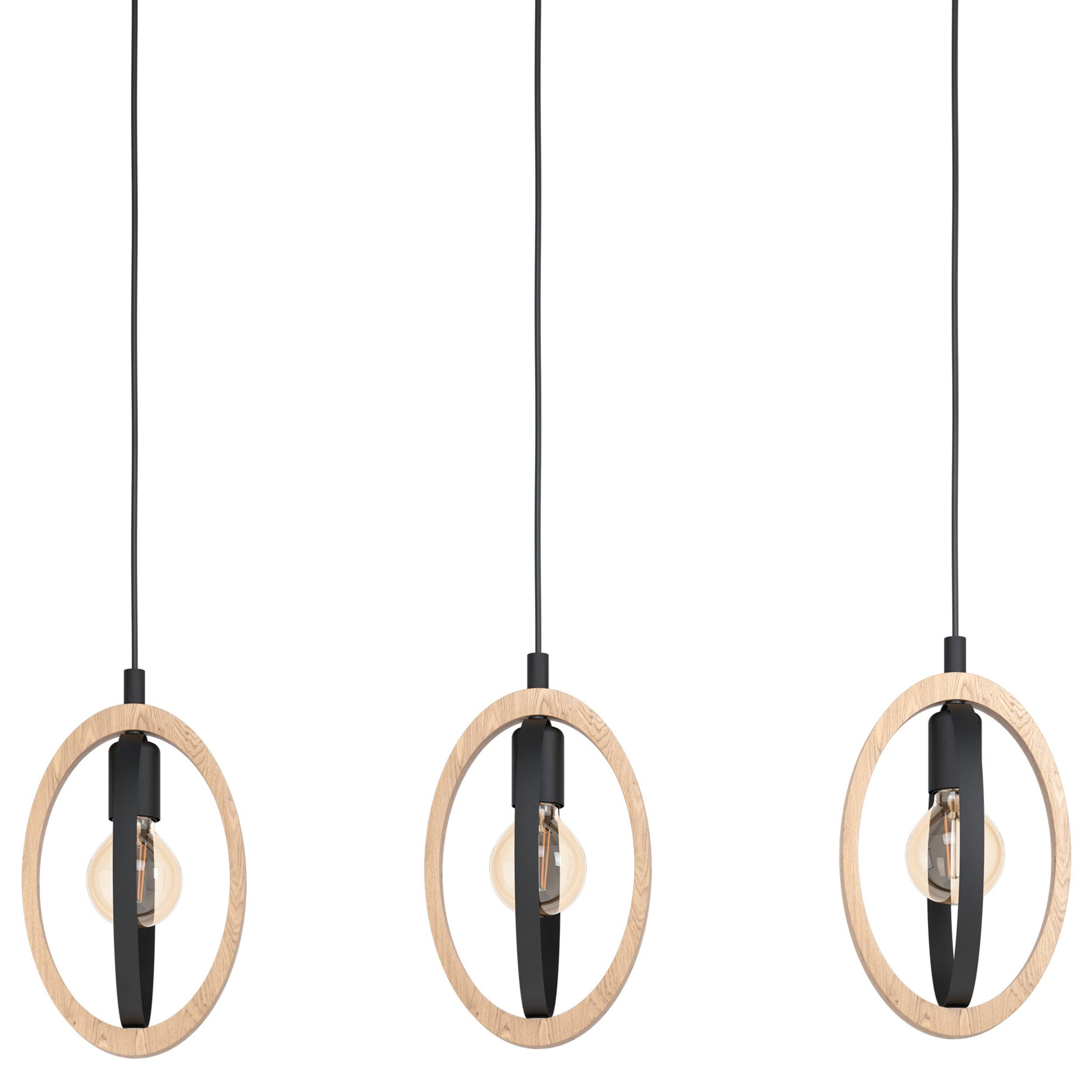 Eglo Basildon 3-Light Wood & Black Oval Bar Ceiling Pendant Light Fixture - Perfect for Kitchen Island, Dining Room, and Bar Lighting