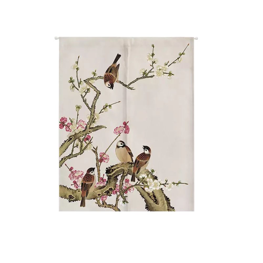 Oncefirst Linen Tapestry Door Curtain - Japanese Noren with Blossom & Magpie Design 33.5