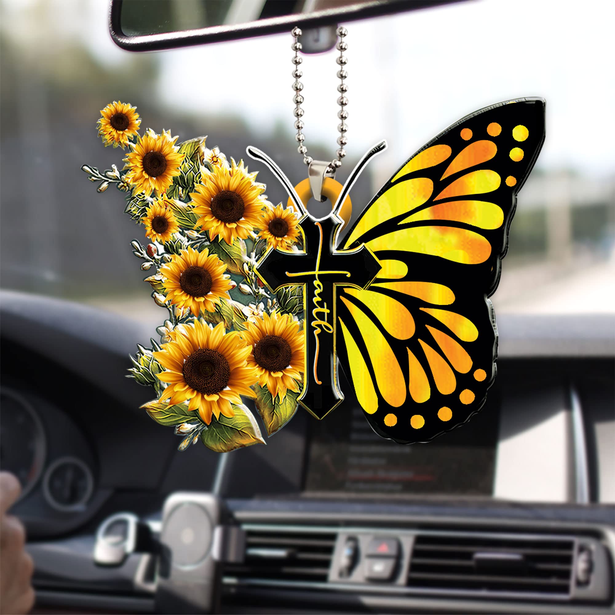Talataca Christian Car Accessories - 2D Flat Sunflower Butterfly Jesus Cross Rear View Mirror Hanging Charm, Christmas Tree Ornament & Interior Decor Gift for Faith-Based Drivers (Perfect for Daily Commute, Church Visits & Holiday Car Decoration)