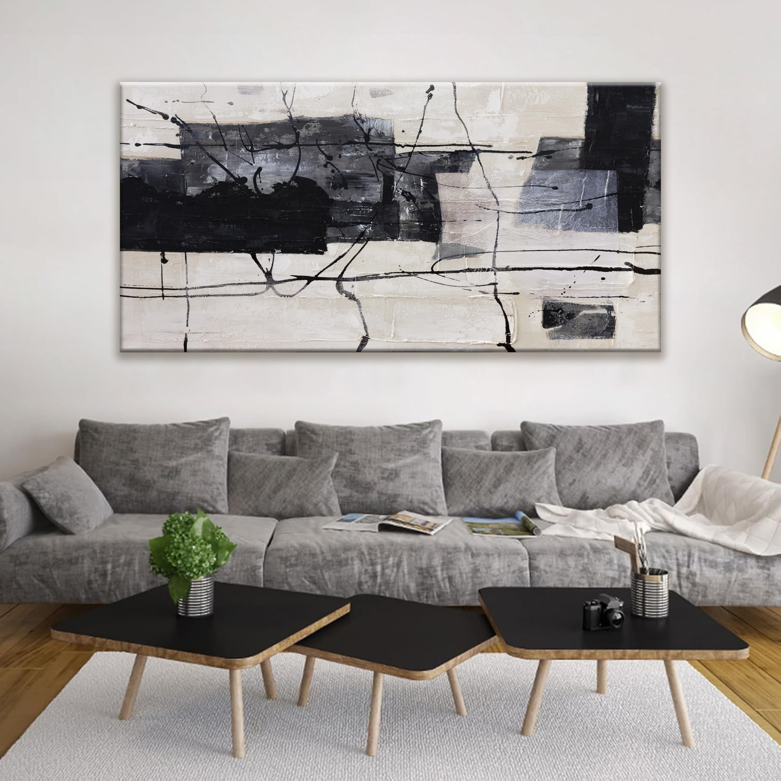 Large Abstract Wall Art Canvas Painting - Black & White Modern Home Decor for Living Room, Bedroom, Dining Room - 29x58 Inch Framed Wall Decor - Perfect for Contemporary Spaces & Office Wall Art