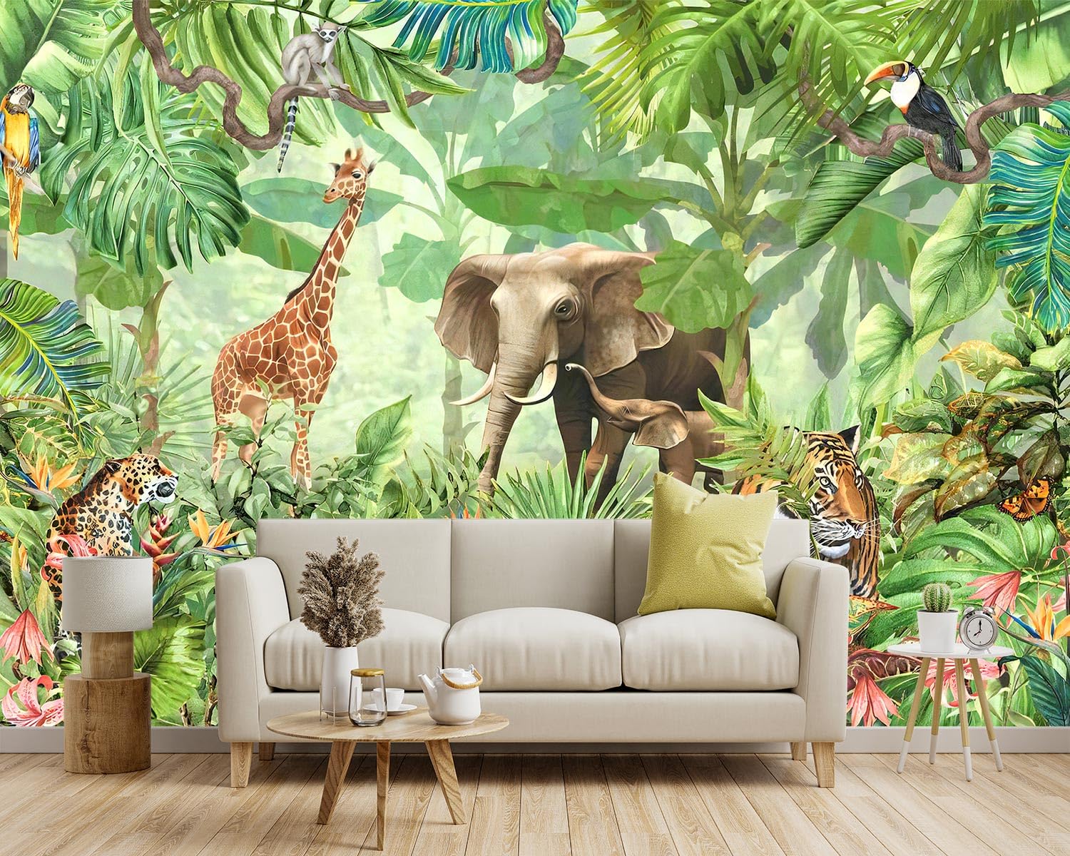 Green Rainforest Jungle Wallpaper with Tiger & Banana Leaves - 137