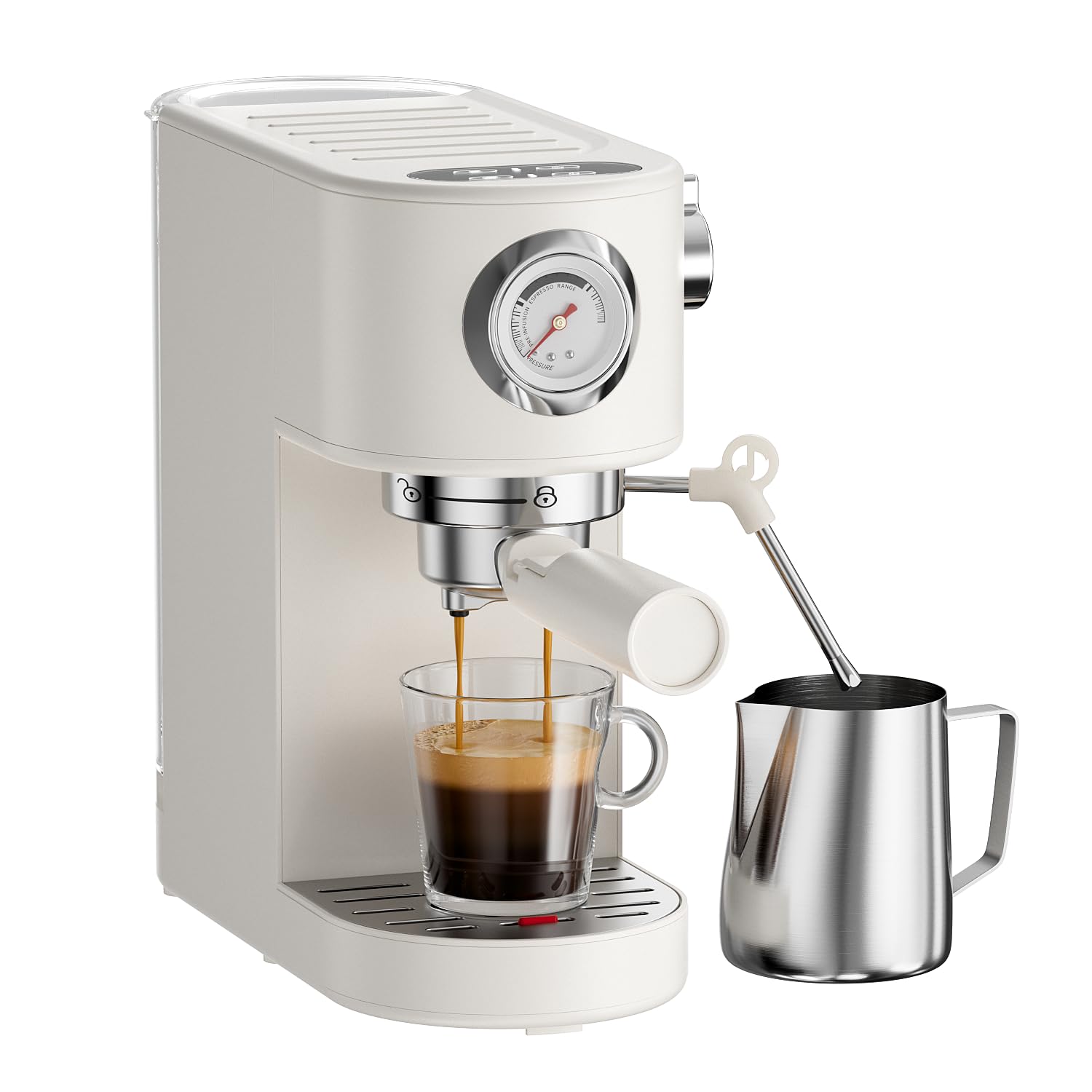 Premium 20Bar Espresso Machine with Milk Frother Steam Wand - Adjustable Cup Volume, 37oz Capacity for Latte & Cappuccino - Touch Screen & Pressure Gauge - Beige - Perfect for Home Baristas & Coffee Shops