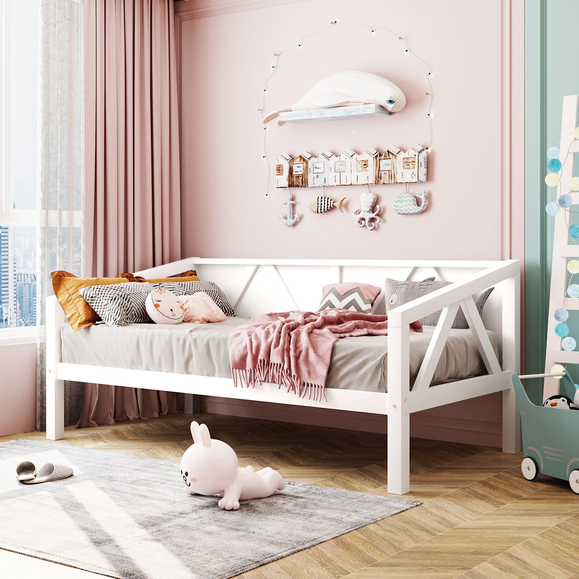 SOFTSEA Twin Daybed Frame - Sturdy Wooden Bed Frame with Wood Slats Support & Triangle Design | Perfect for Guest Room, Dorm, or Small Space Living