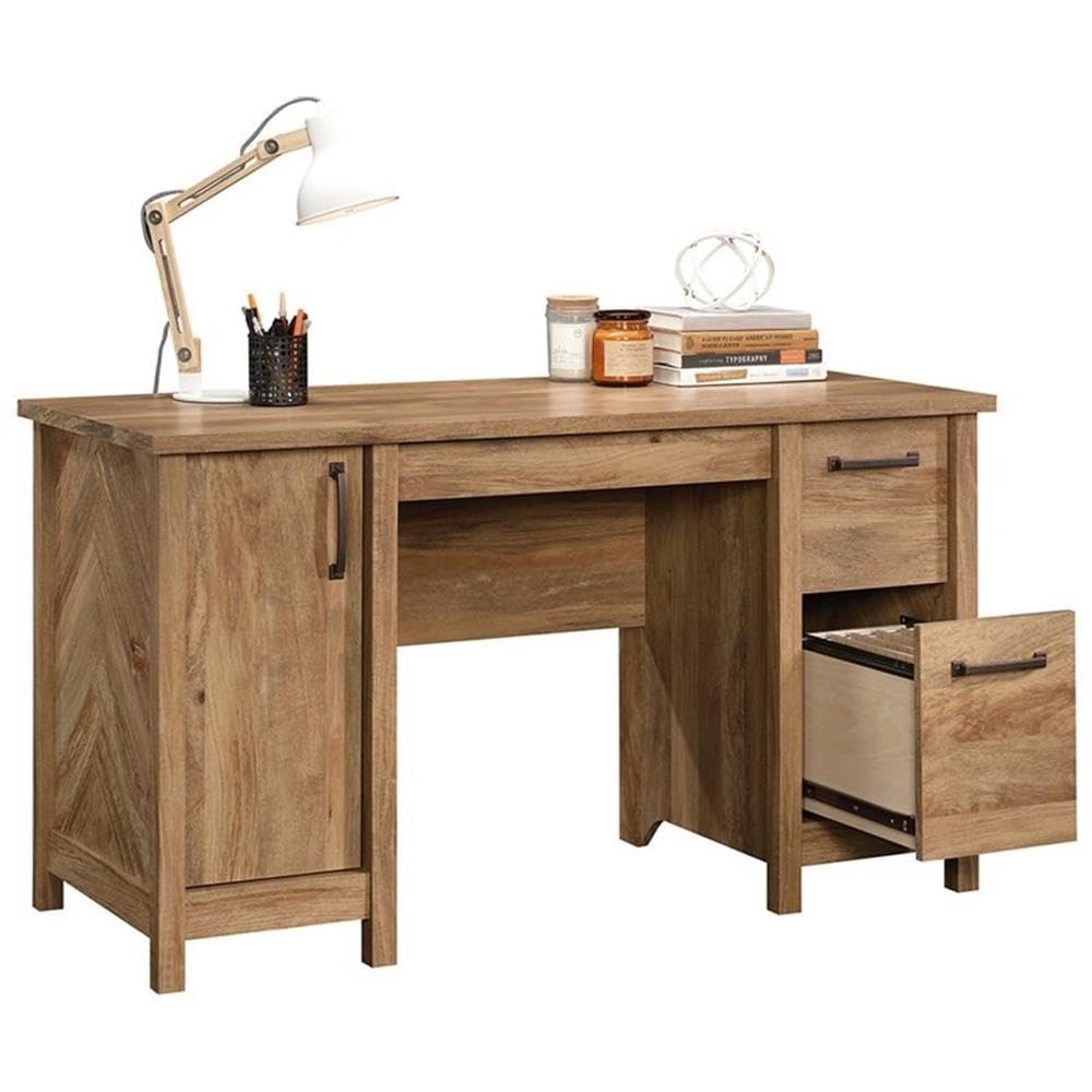 Pemberly Row Coastal Engineered Wood Computer Desk in Sindoori Mango/Brown - Modern Home Office Desk for Small Spaces, Remote Work & Study - Durable Writing Table with Storage Shelf