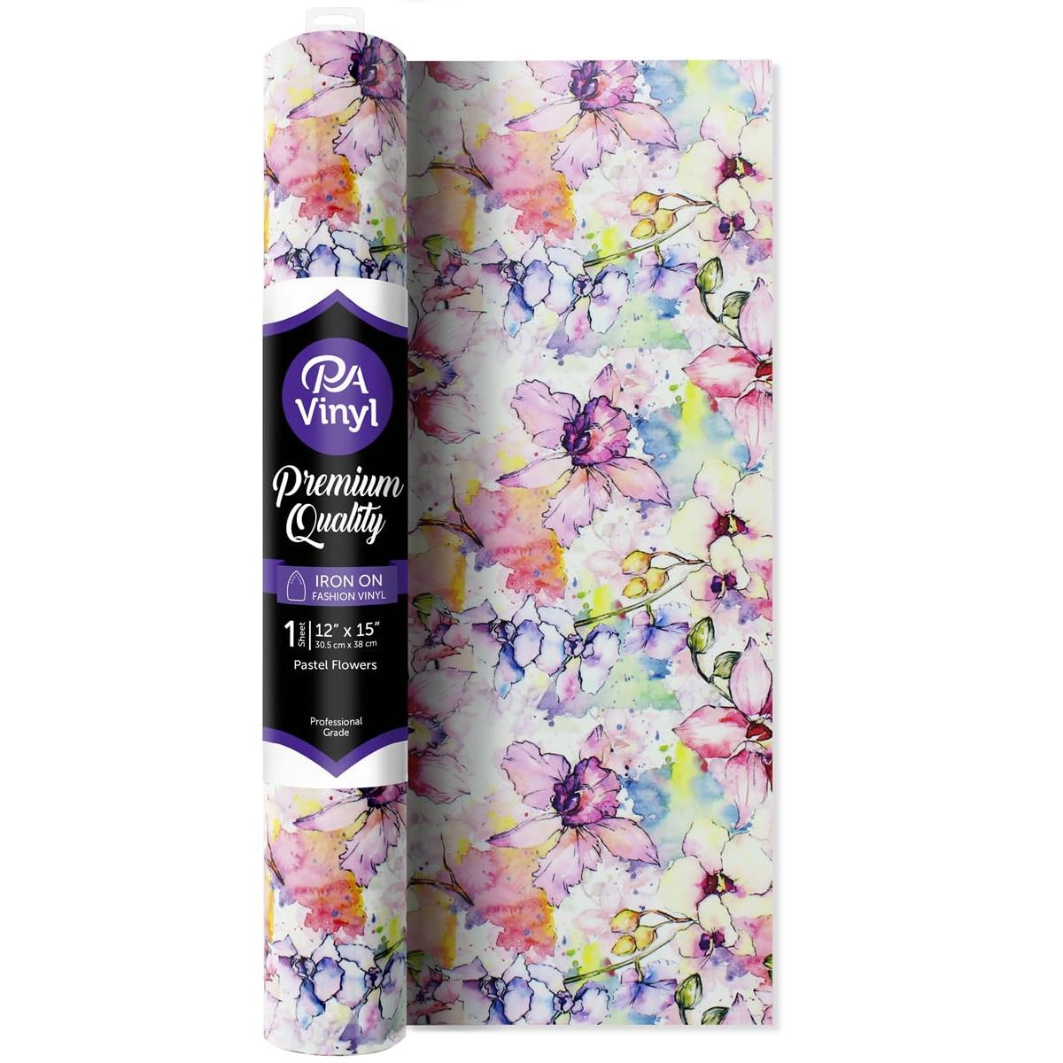 12x15 Iron On Vinyl Roll - Pastel Flowers Design for DIY T-Shirts, Tote Bags & Fabric Crafts | Heat Transfer Material for Custom Apparel