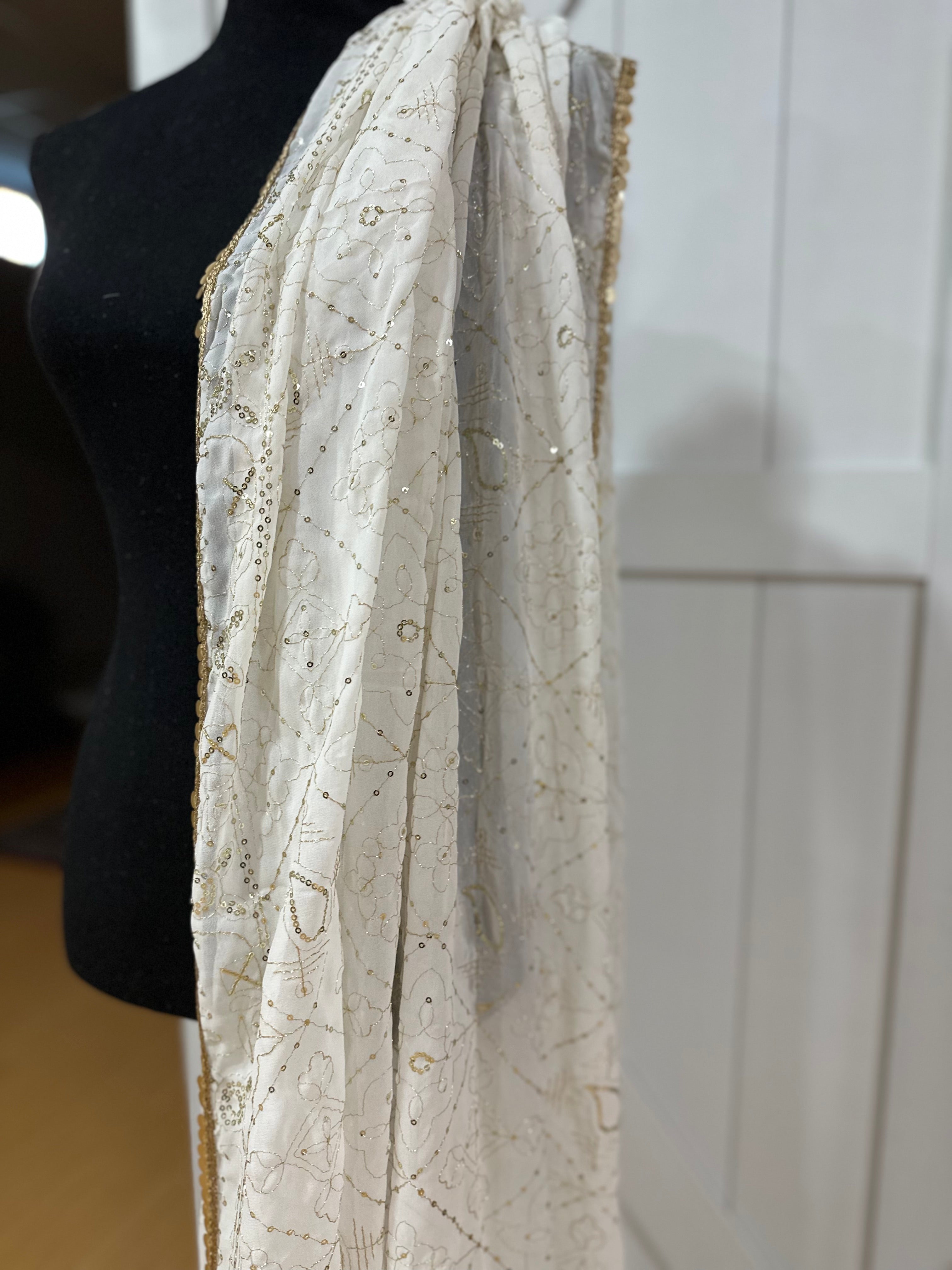 Elegant White and Gold Dupatta Scarf - Premium Embroidered Shawl for Women - Perfect for Weddings, Parties, and Festive Occasions