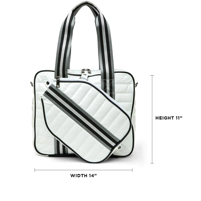Think Royln Sporty Spice Pickleball Bag - Premium White Patent Leather Tennis & Paddle Ball Gear - Perfect for Court, Gym & Travel Accessories