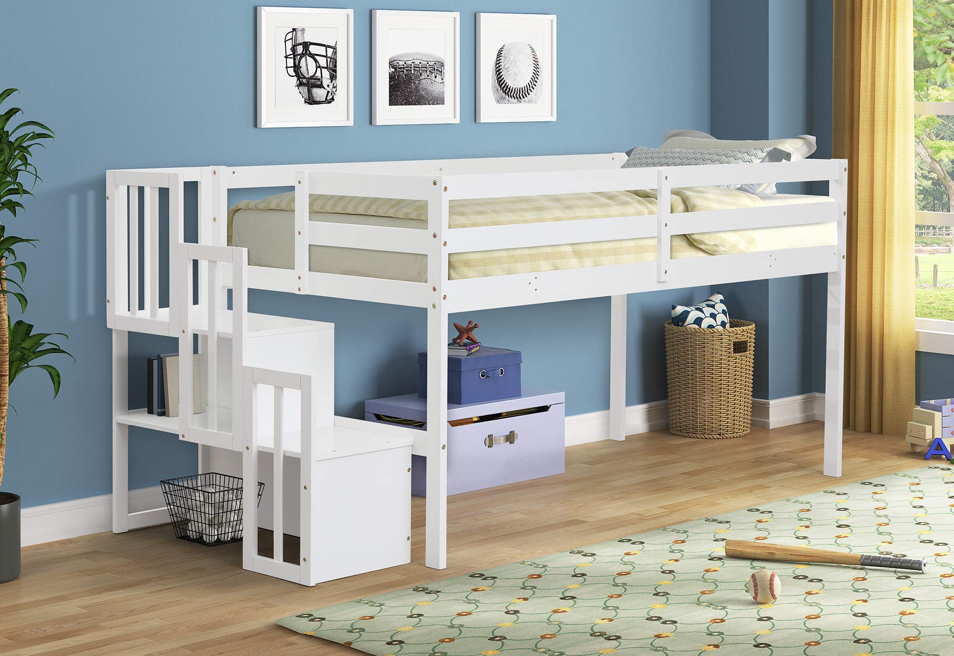 Twin Size Solid Wood Loft Bed with Staircase Storage Shelf - Kids Bunk Bed with Ladder & Shelves - Space Saving White Wooden Bed for Small Rooms - Perfect for Kids Bedrooms, Dorms & Tiny Homes