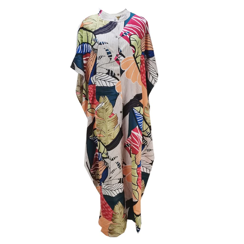 Oversized Shirt Dress with Leaf Print - Casual Button Front Batwing Sleeve Cover Up Dress for Beach, Vacation & Summer Outfits | One Size Flowy Tunic (Color A)