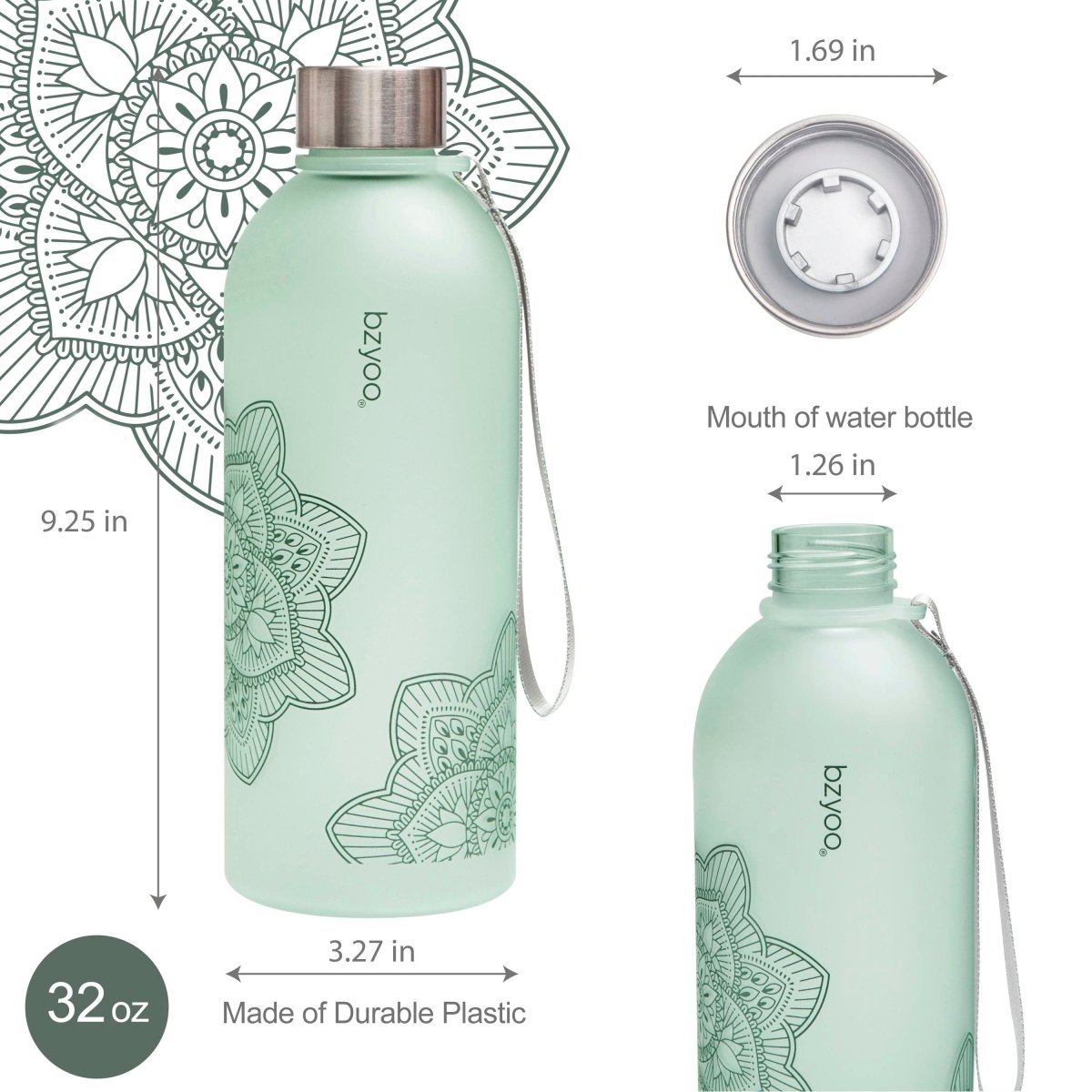 32oz La La Mandala Time Marker Tritan Water Bottle with Carrying Strap - BPA Free, Leak Proof, Motivational Water Tracking - Perfect for Gym, Hiking, Yoga & Daily Hydration (Green)