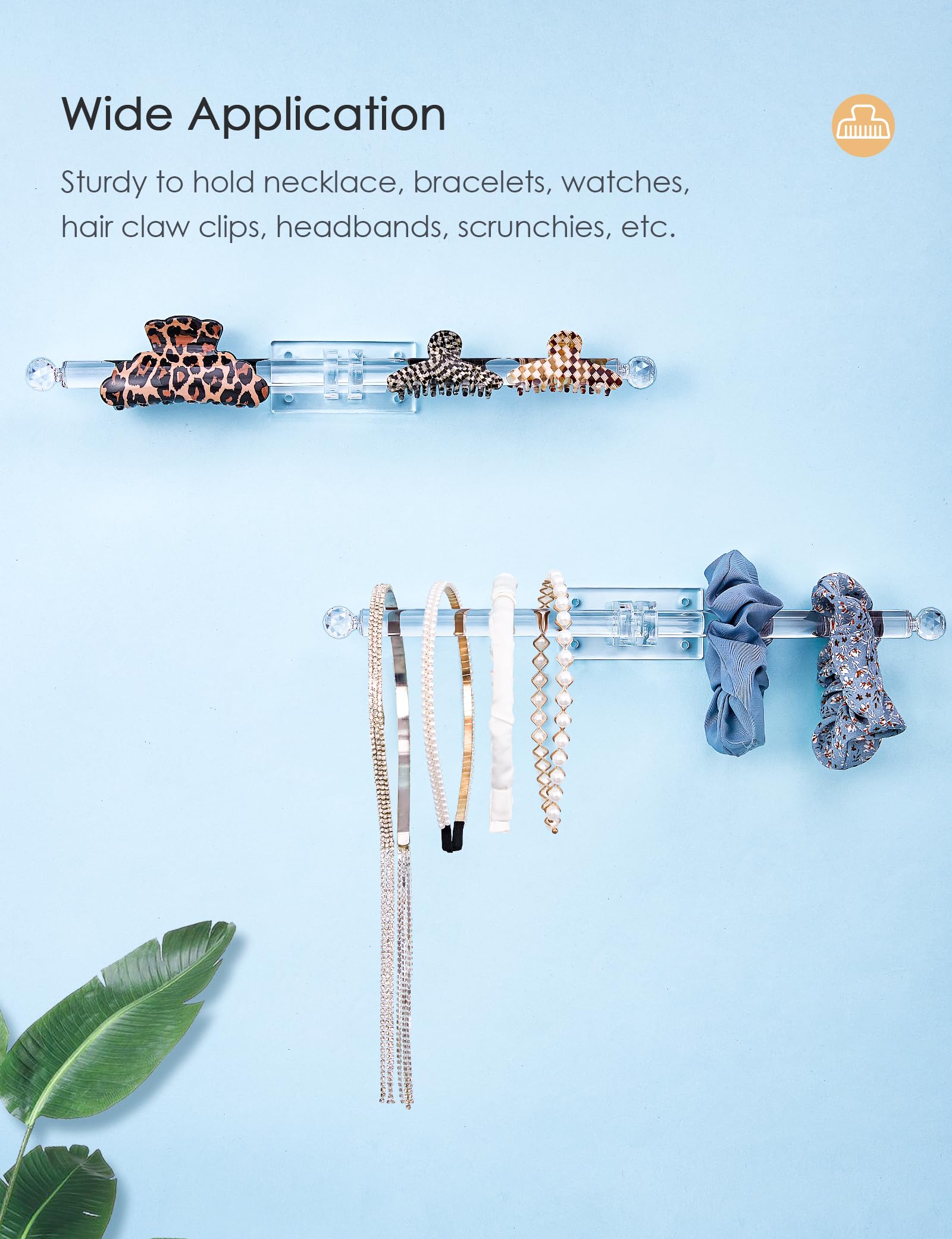 Acrylic Jewelry Organizer - 2-Pack Wall Mount Headband Holder, Bracelet Display Stand, Claw Clip & Necklace Organizer with Hooks for Baseball Caps, Watches, Hair Ties - Perfect for Bedroom, Bathroom & Closet Storage