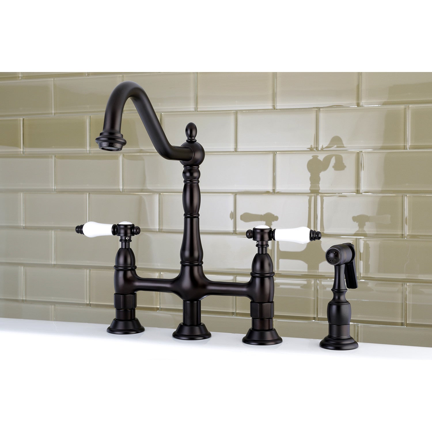 Bel Air KS1275BPLBS Oil Rubbed Bronze Bridge Kitchen Faucet with Brass Side Sprayer - Perfect for Farmhouse, Rustic & Traditional Kitchen Sinks