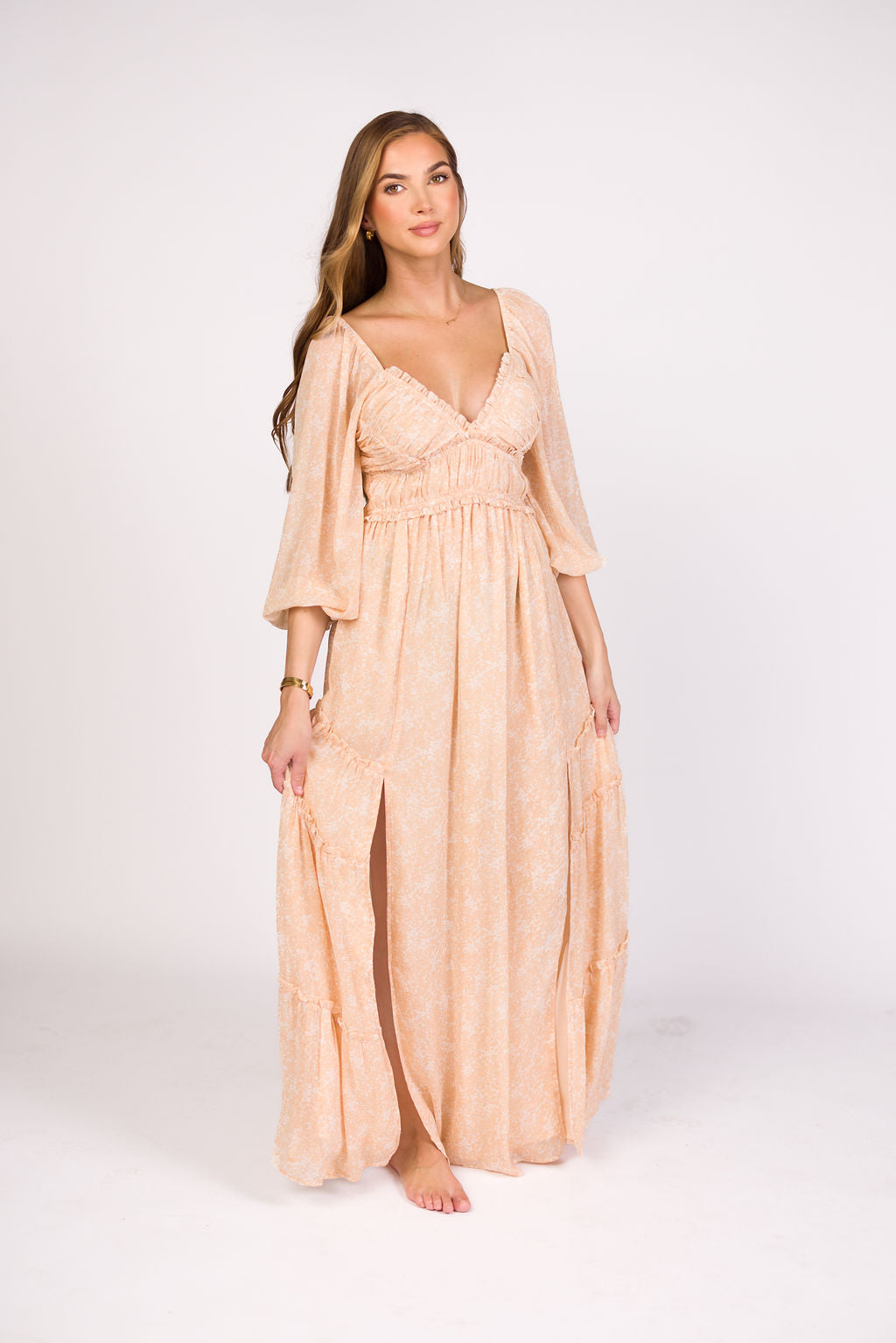 Light Beige Floral Maxi Dress with Long Sleeves - Bump Friendly Maternity Dress in Inclusive Sizes XS to 3XL - Perfect for Pregnancy, Nursing, and Special Occasions