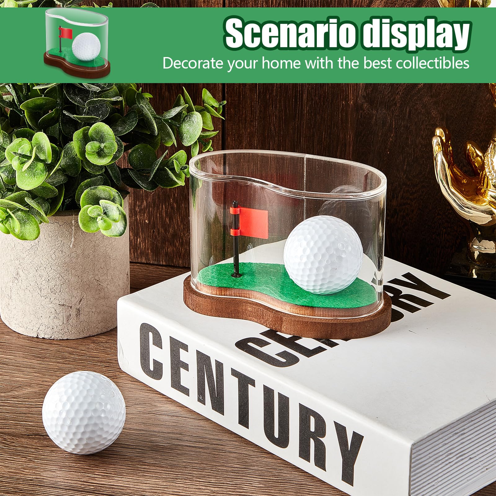 Soaoo Clear Acrylic Golf Ball Display Case with Wood Base & Flag - 3.94 x 2.95 x 3.43 Inches Protective Transparent Holder for Collectible Golf Balls - Perfect for Showcase, Gift, or Home/Office Decoration