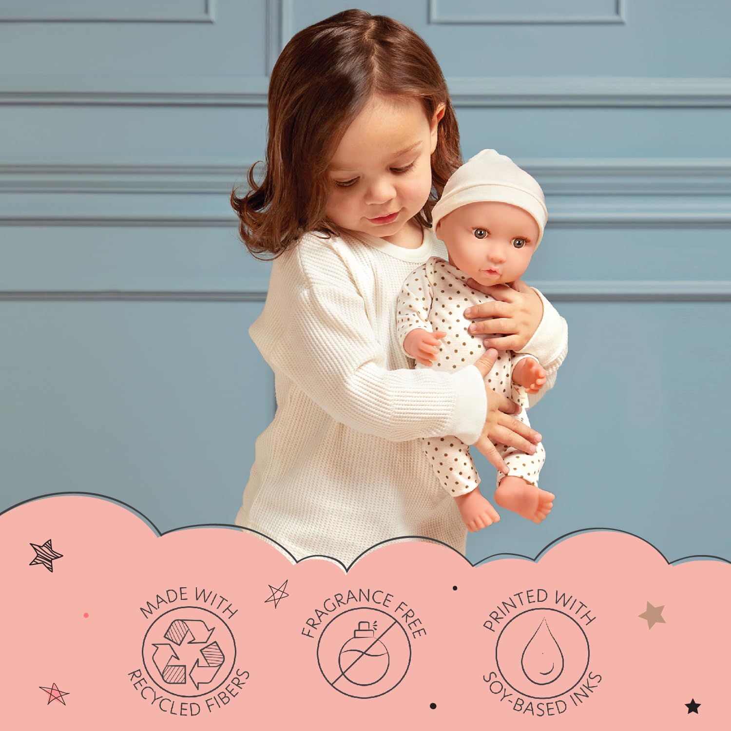LullaBaby 14-inch Realistic Baby Doll with Soft Body & Removable Outfit - Ivory Hat & Pacifier Accessories - Perfect Gift for Toddlers Ages 2+ (Ivory Polka Dot Pajama) - Great for Role Play, Pretend Play & Early Childhood Development