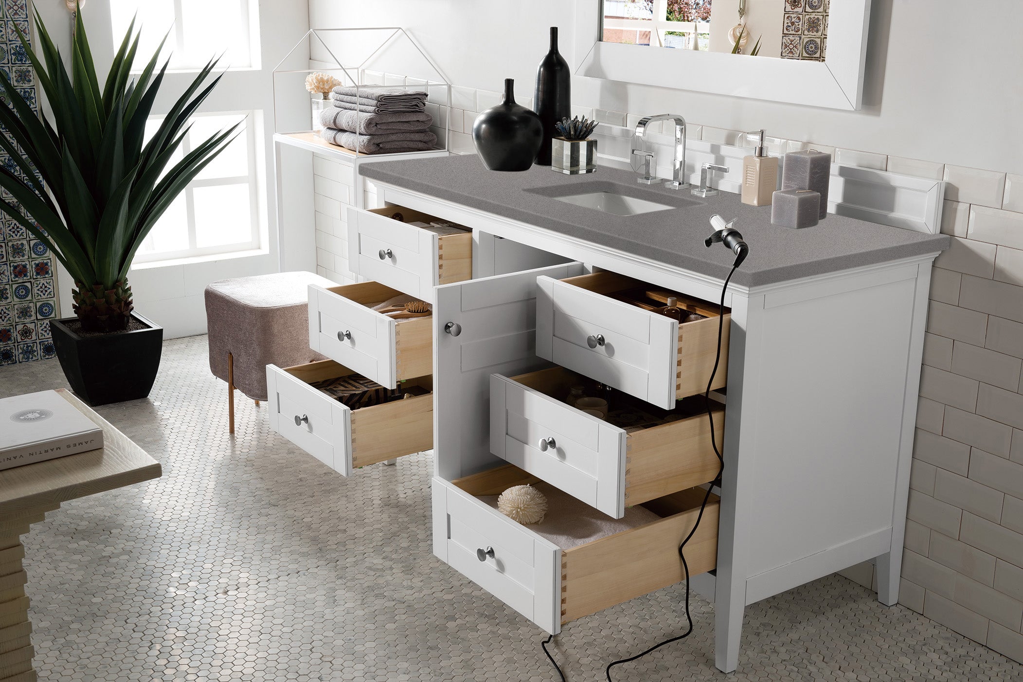Palisades 60 Inch Single Bathroom Vanity Set with Bright White Finish & 3CM Grey Expo Quartz Countertop - Perfect for Modern Master Bathrooms & Guest Bathroom Remodels