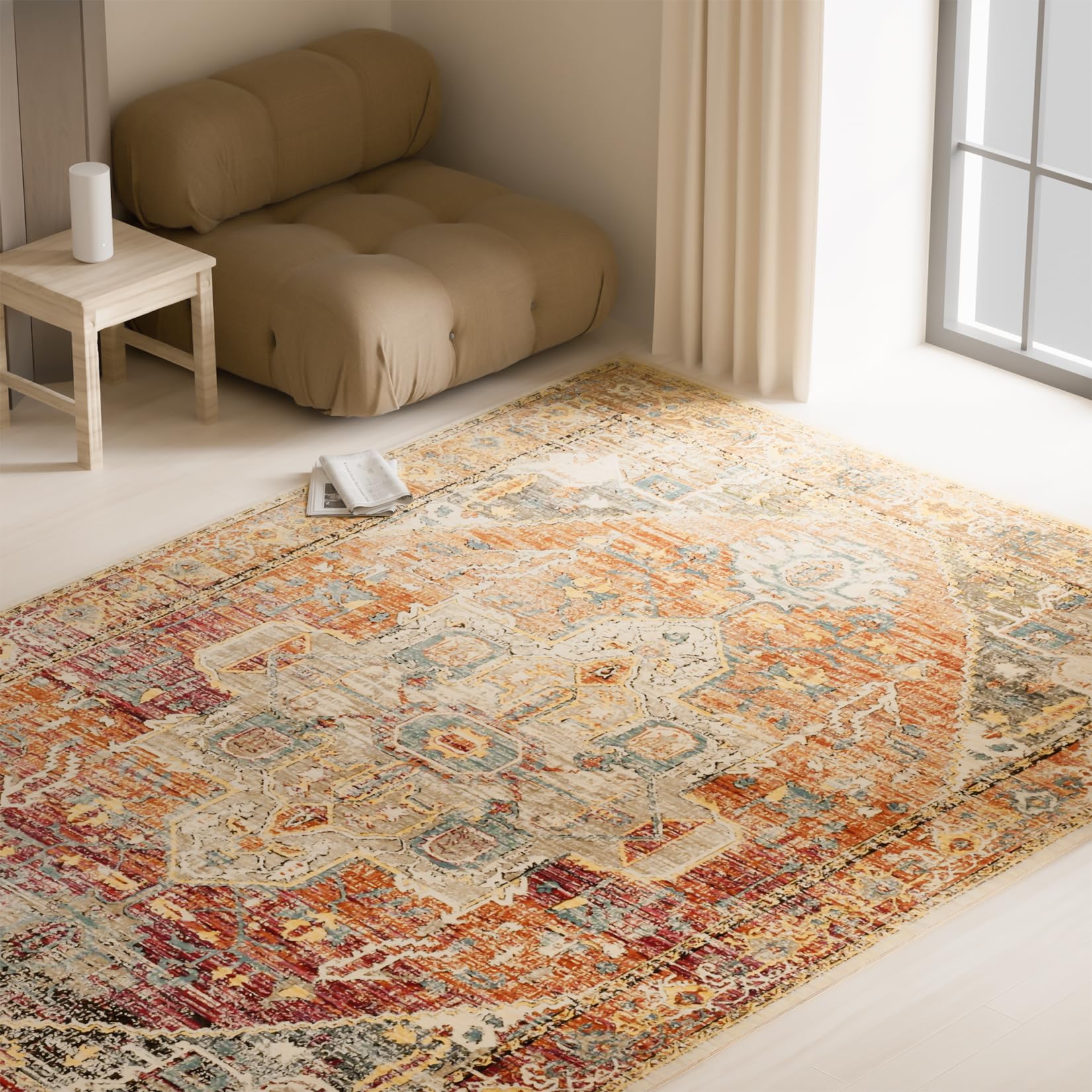 INGEROOM 8x10 Washable Boho Area Rug - Non-Slip Non-Shedding Faux Wool Vintage Rug for Living Room, Bedroom, Office - Soft Printed Indoor Accent Carpet for Home Decor | Perfect for Entryway, Kitchen & Cozy Spaces
