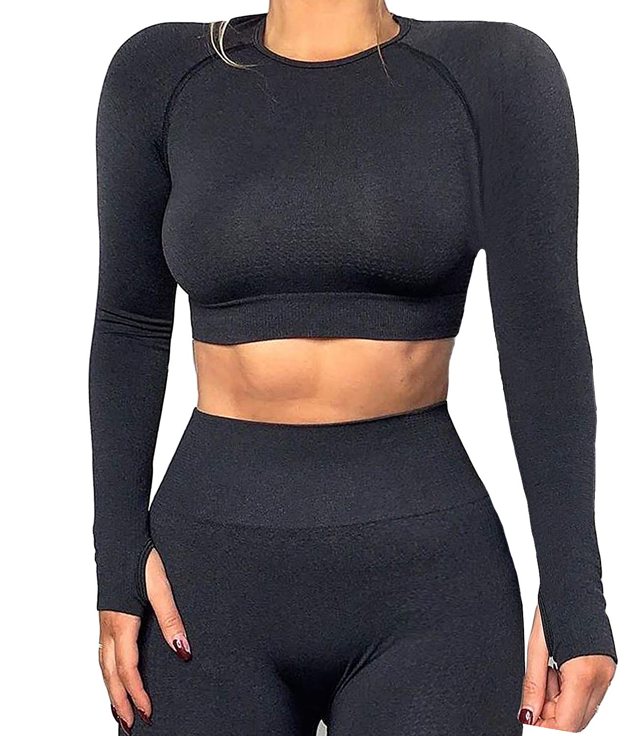 KIWI RATA Women's Seamless Long Sleeve Yoga Top - Breathable Workout Crop Top with Thumb Holes for Gym, Running & Pilates - Comfortable Fitted Activewear Shirt for Women