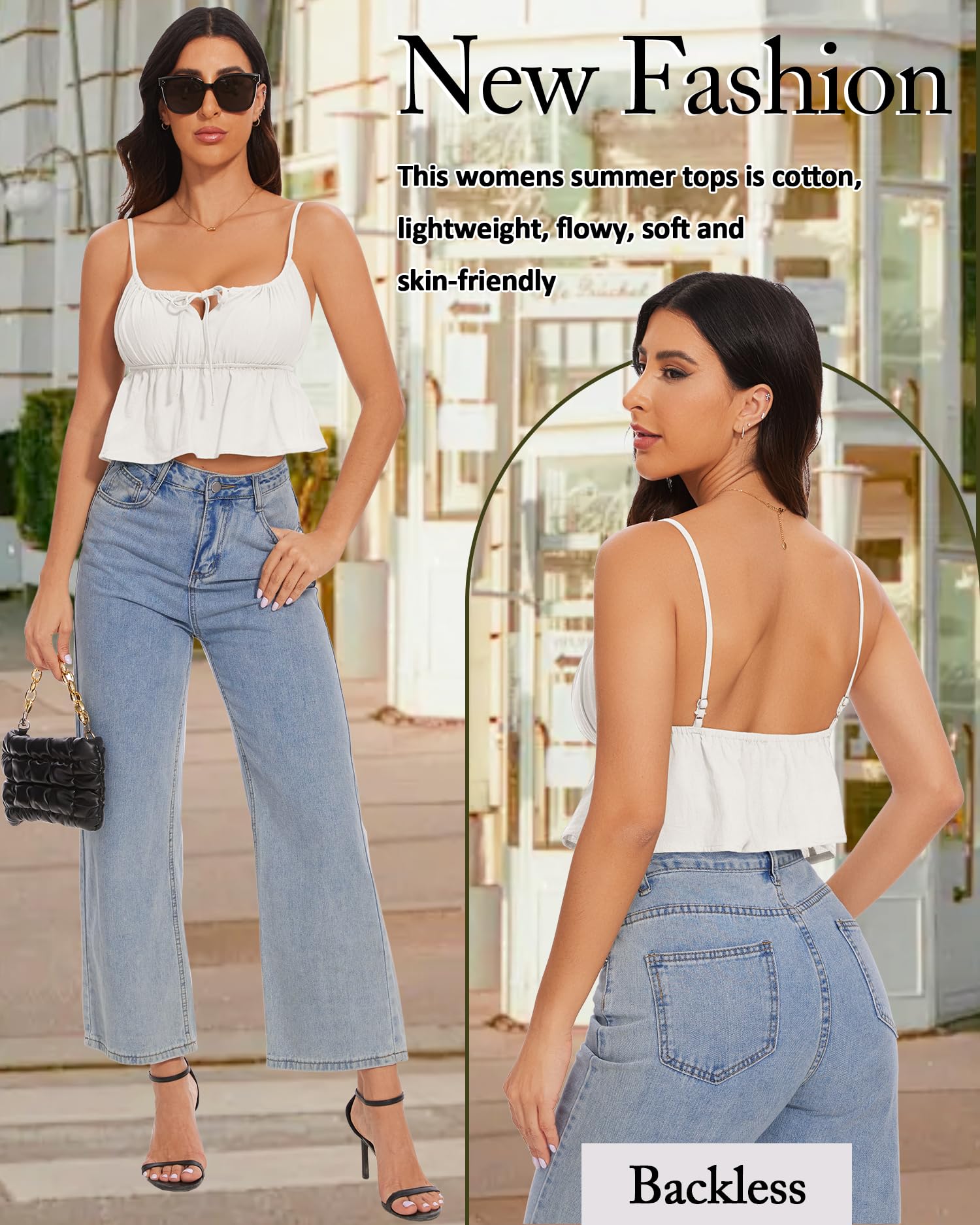 Jenbou Women's Square Neck Tie Front Crop Top - Sexy Ruched Ruffle Hem Summer Tank Top for Casual Outfits, Beach Wear & Night Out