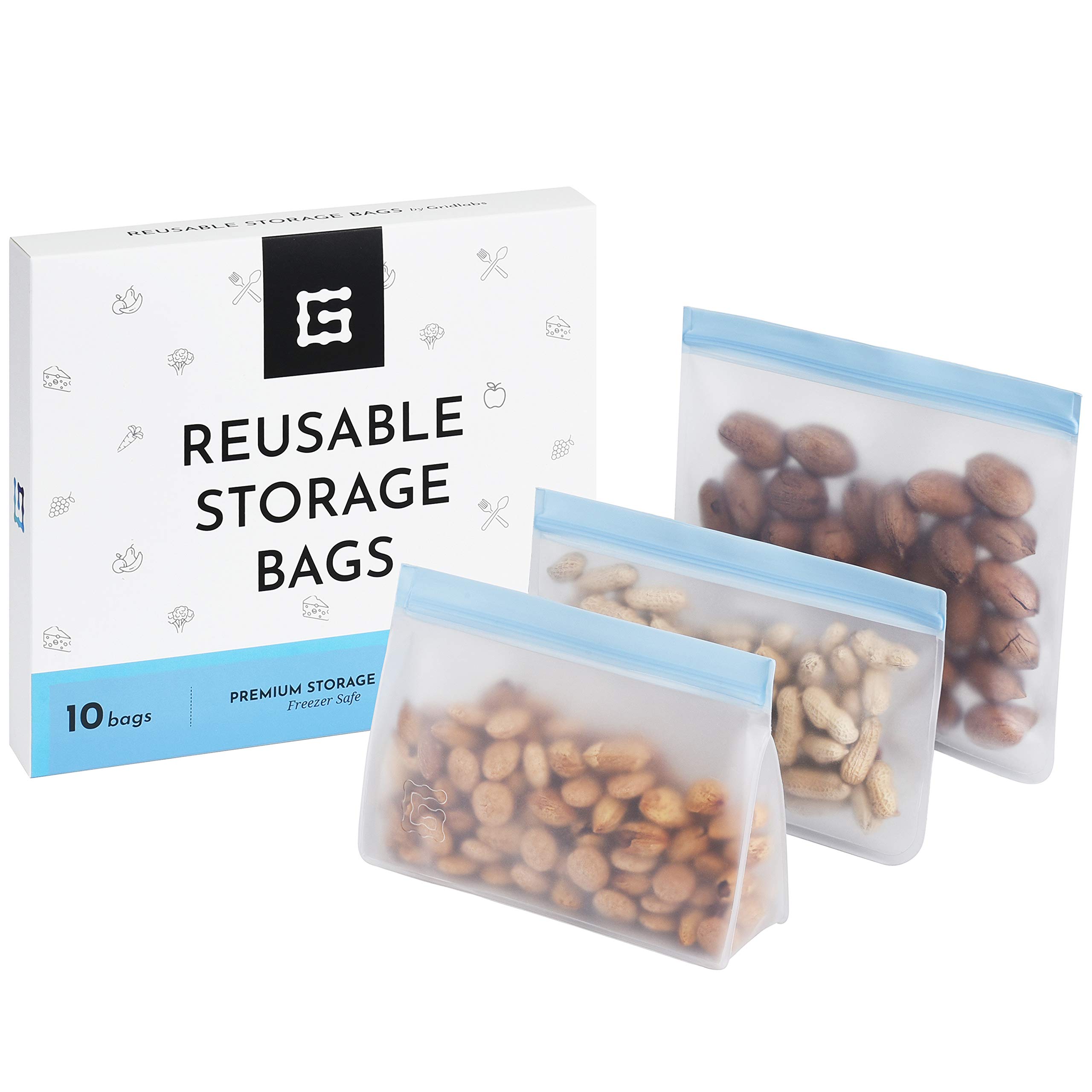 Premium Reusable Storage Bags Set of 10 - Leakproof Freezer Safe for Lunch & Snacks