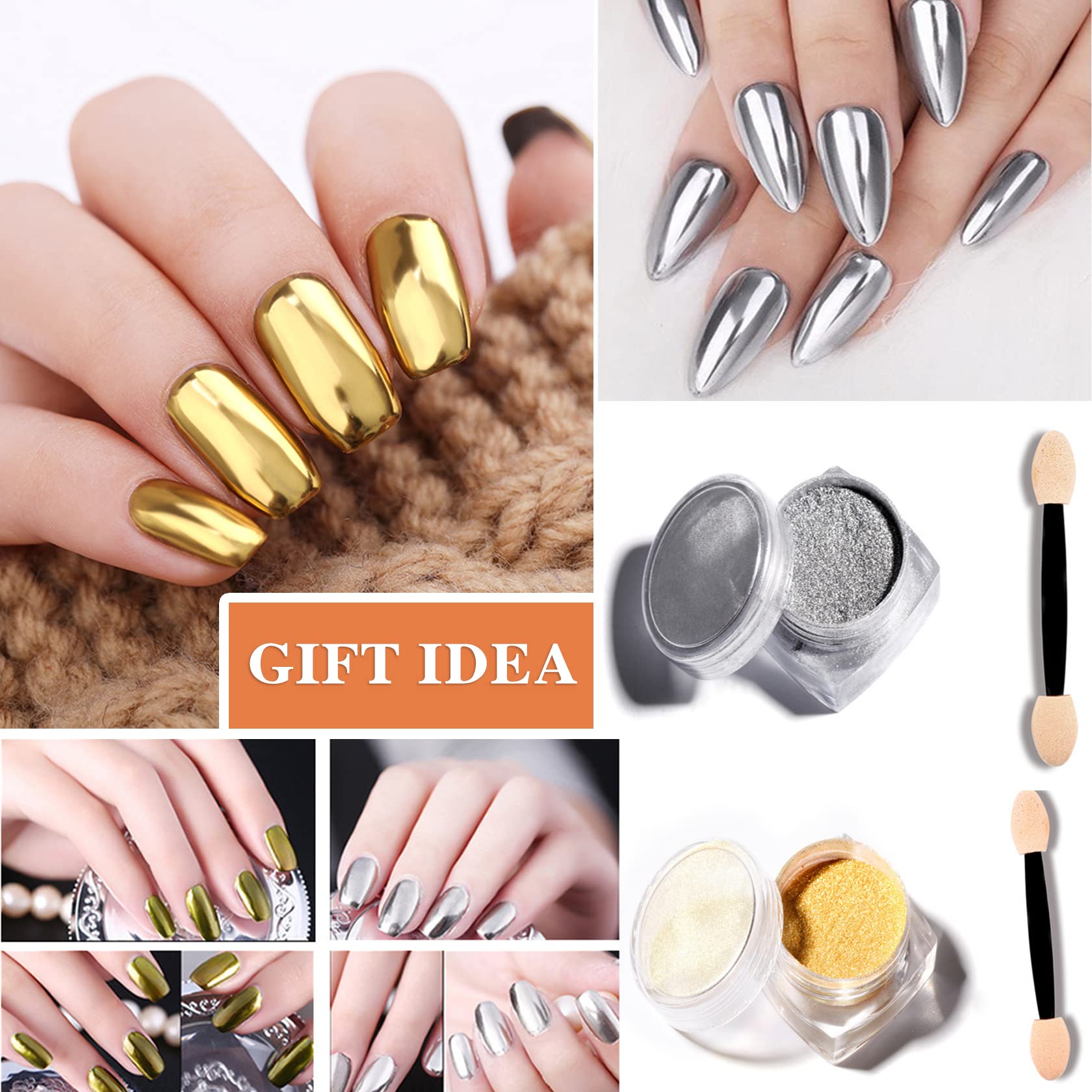 Silver Gold Mirror Chrome Nail Powder - Metallic Holographic Nail Pigment Set for Gel Nails | DIY Manicure, Nail Art Design, Salon & Home Use