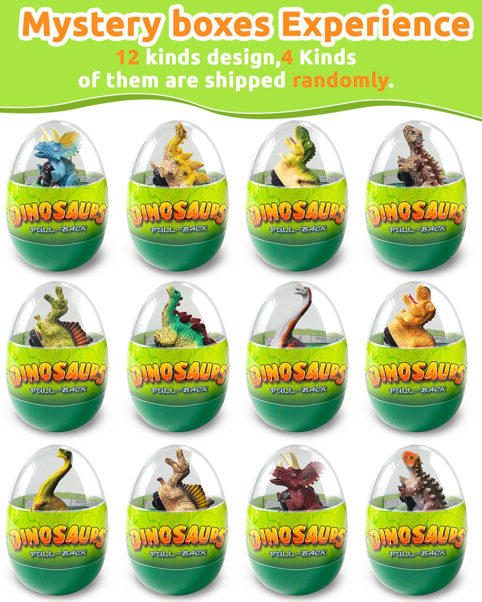 Greingways 4 Pack Dinosaur Pull Back Toy Cars - Prefilled Plastic Easter Eggs with Surprise Toys Inside, Easter Basket Stuffers for Toddlers, Montessori Learning Toys | Perfect for Easter Gifts, Birthday Party Favors, Classroom Rewards & Kids Playtime (Boys & Girls)