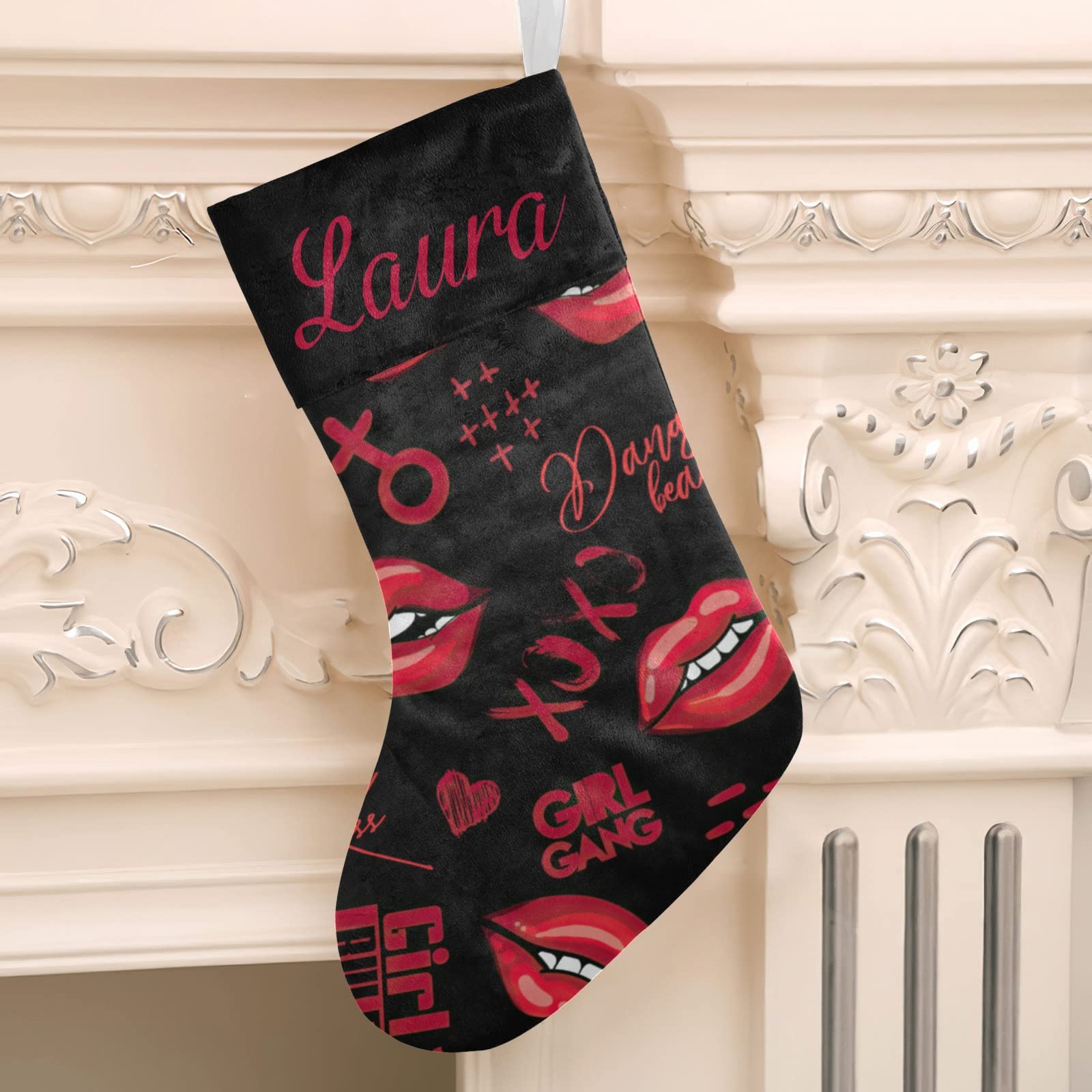 Personalized Christmas Stockings with Kiss Lips & Hearts Design - Custom Name Holiday Socks for Family Party Decor (17.52 x 7.87 Inch) - Perfect for Fireplace Mantel, Gift Exchange & Festive Home Decor